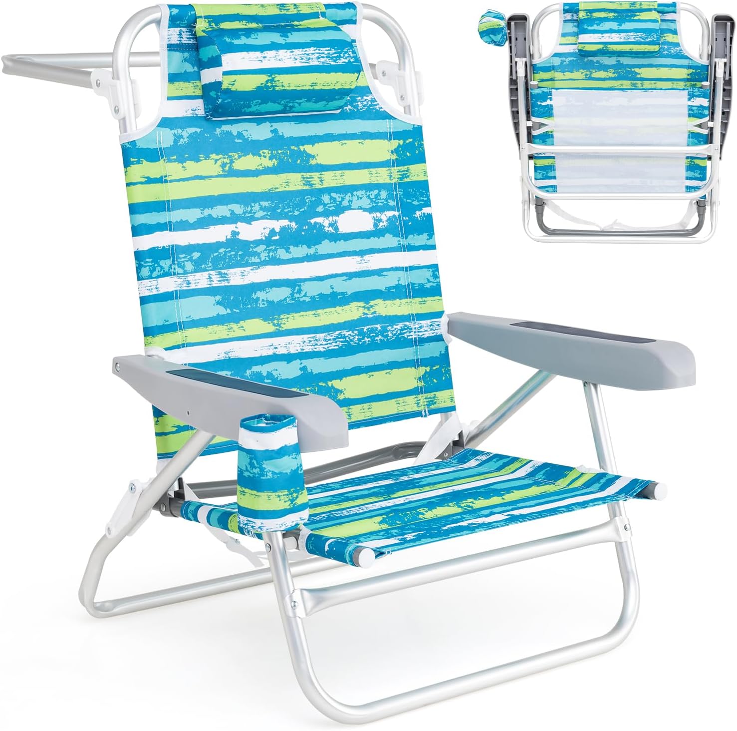 Zestaw 2 Składanych Krzeseł Plażowych, 4-stopniową Regulacją, Zagłówkiem i Uchwytem na Kubek, Podłokietnikami (62,5 x 54,5 x 80 cm, Zielone, 2 Sztuki)