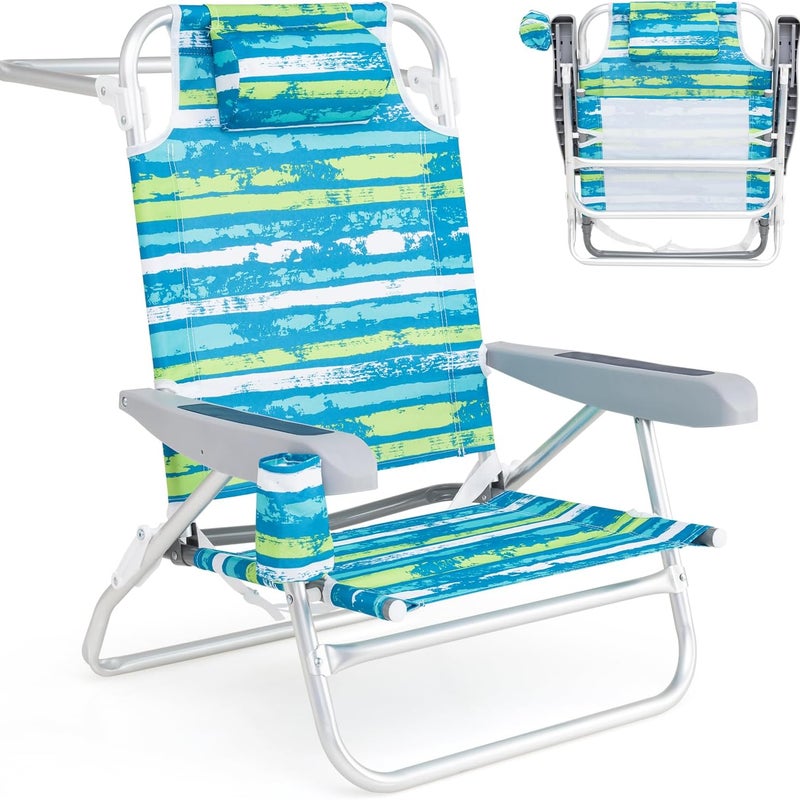 Zestaw 2 Składanych Krzeseł Plażowych, 4-stopniową Regulacją, Zagłówkiem i Uchwytem na Kubek, Podłokietnikami (62,5 x 54,5 x 80 cm, Zielone, 2 Sztuki)