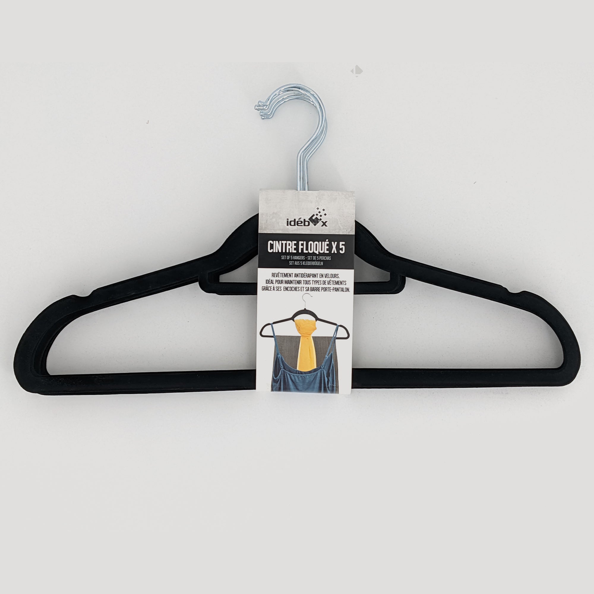 Lot de 5 Cintres avec barre floqué velours Noir - 5