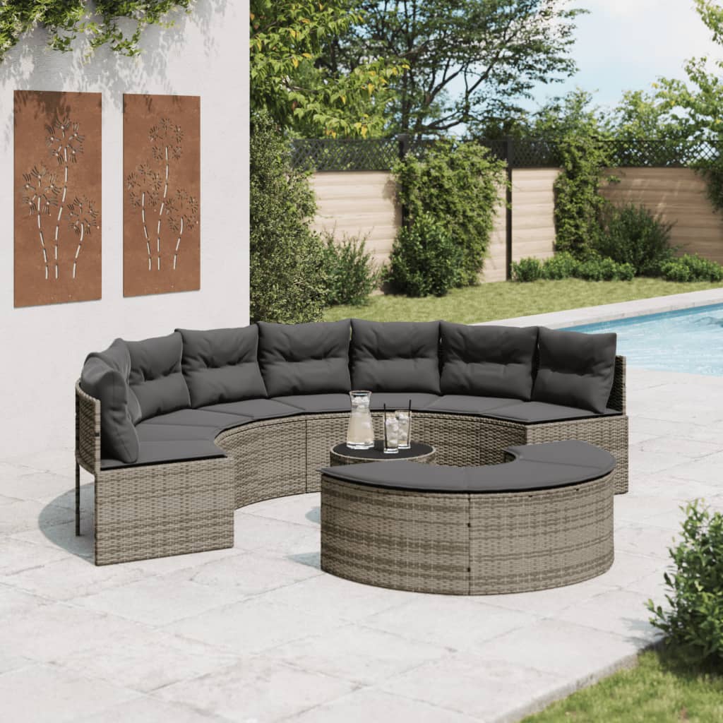 Muebles de jardín 3 piezas media caña resina tejida gris