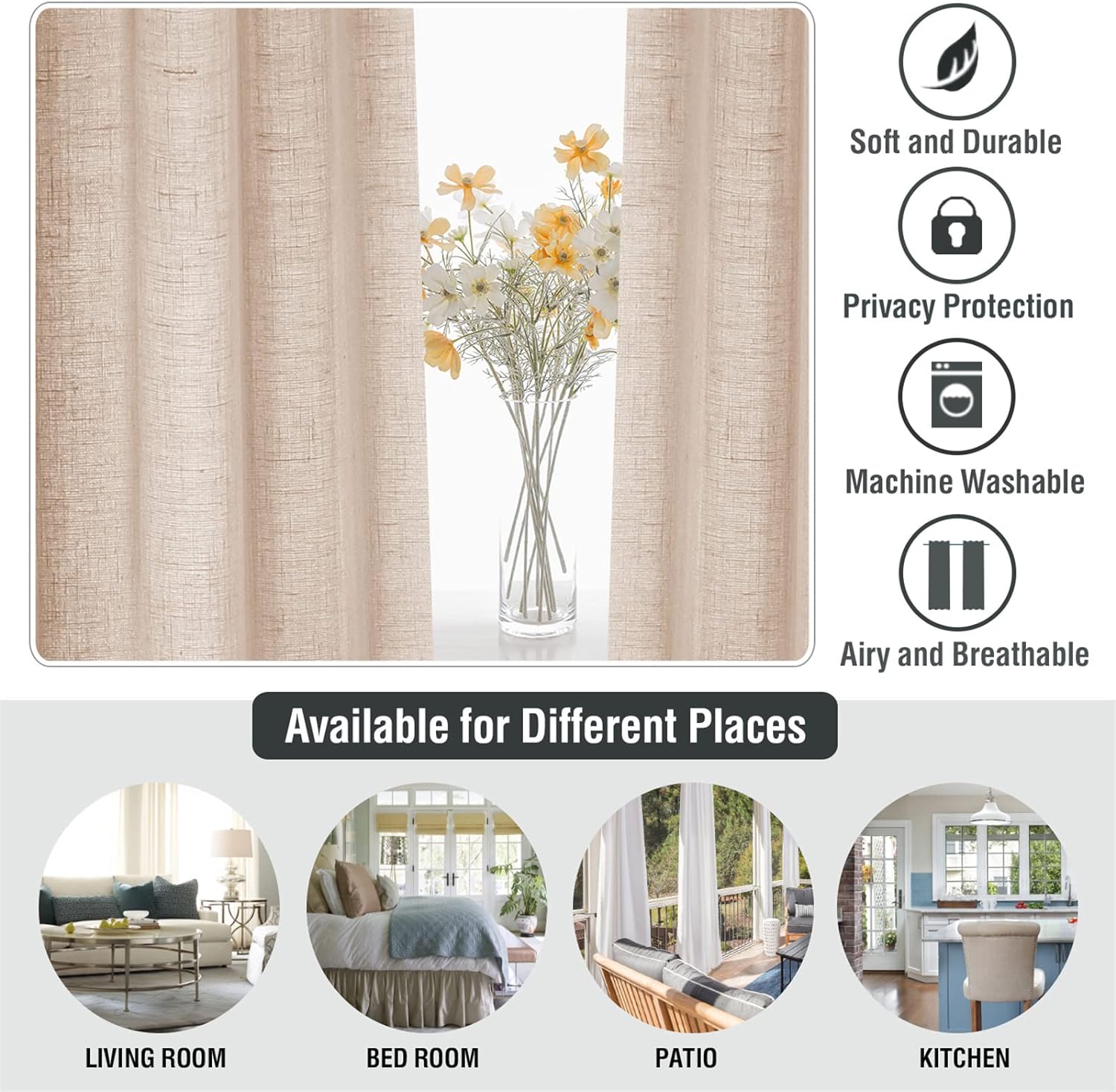 Rideaux en lin avec œillets, 2 pièces Rideaux en tulle, Rideaux à œillets, Rideau de fenêtre de salon, 132 x 160 cm (naturel) Couleur） - 6