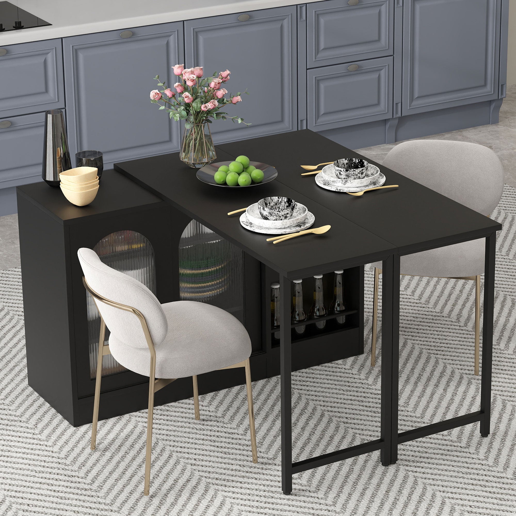Meuble de bar rotatif - Table de bar extensible avec 2 portes et 3 étagères réglables - rangement ouvert - blanc Meuble de bar rotatif - Table de bar extensible avec 2 portes et 3 étagères réglables - rangement ouvert - blanc