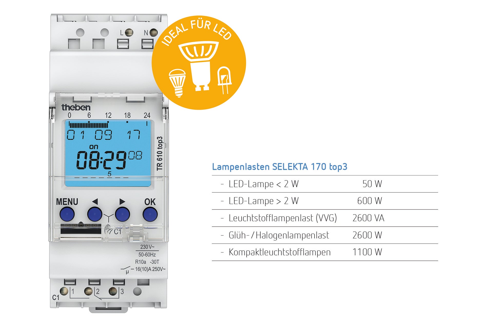 Theben 6100130 TR 610 top3 Horloge programmable digitale, 1 canal, programme hebdomadaire, programmation par appli - 5