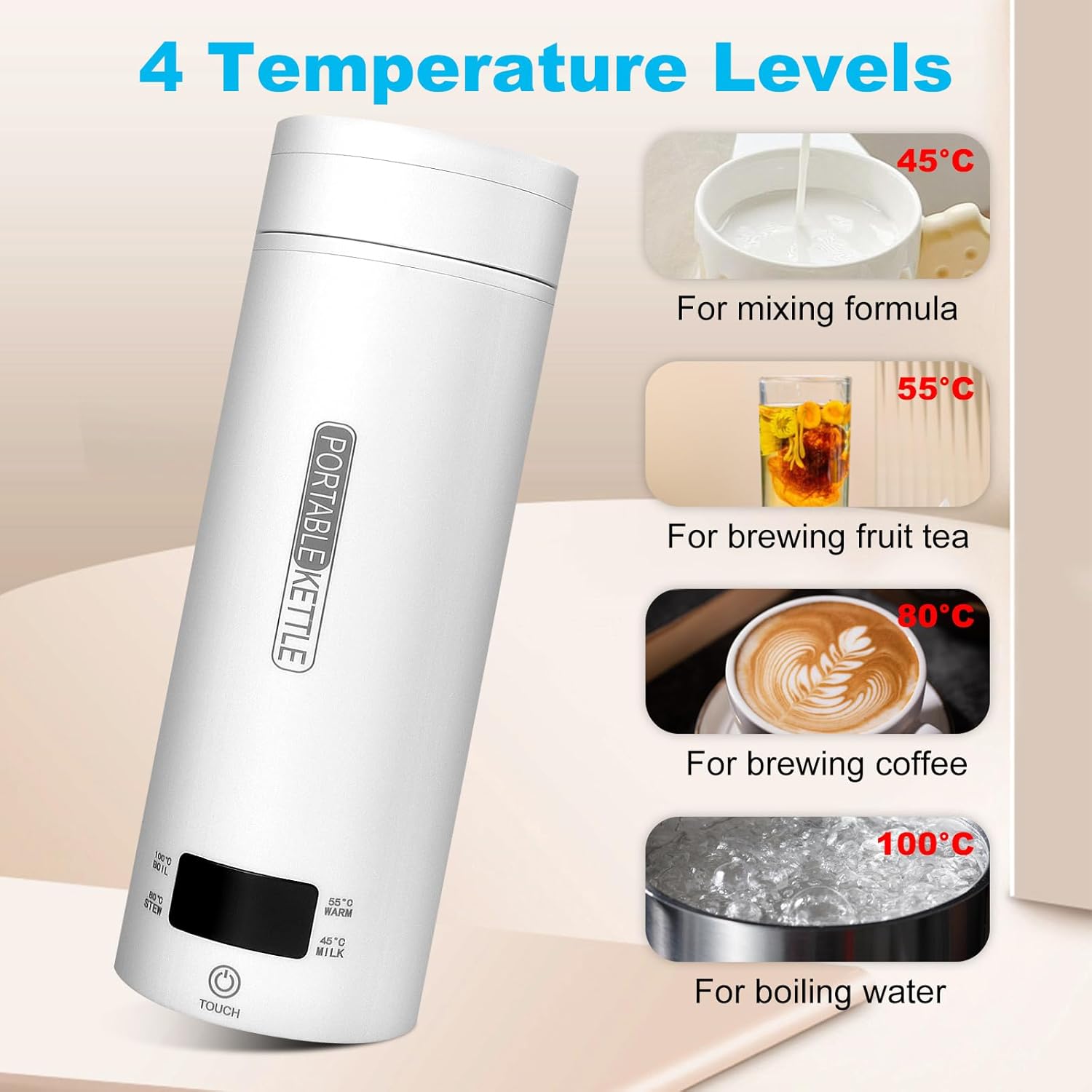 (500 ml)Bouilloire de Voyage, Mini Bouilloire Electrique, 3 en 1 Bouilloire Portable - 4 régulateurs de température, pour Thé, Café, Lait/Camping - 3