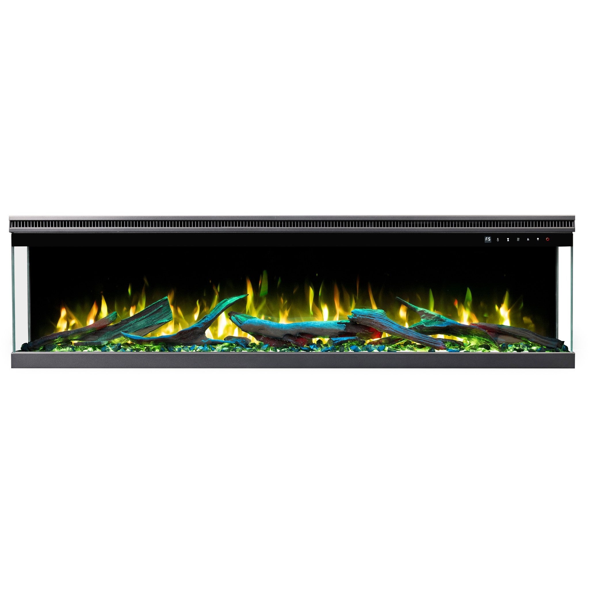 Trójstronny kominek elektryczny AFLAMO Unique 160 PRO - ogień premium - na ścianę i do zabudowy - 160x39x20 cm - kominek LED z grzaniem 750/1500 W - 7