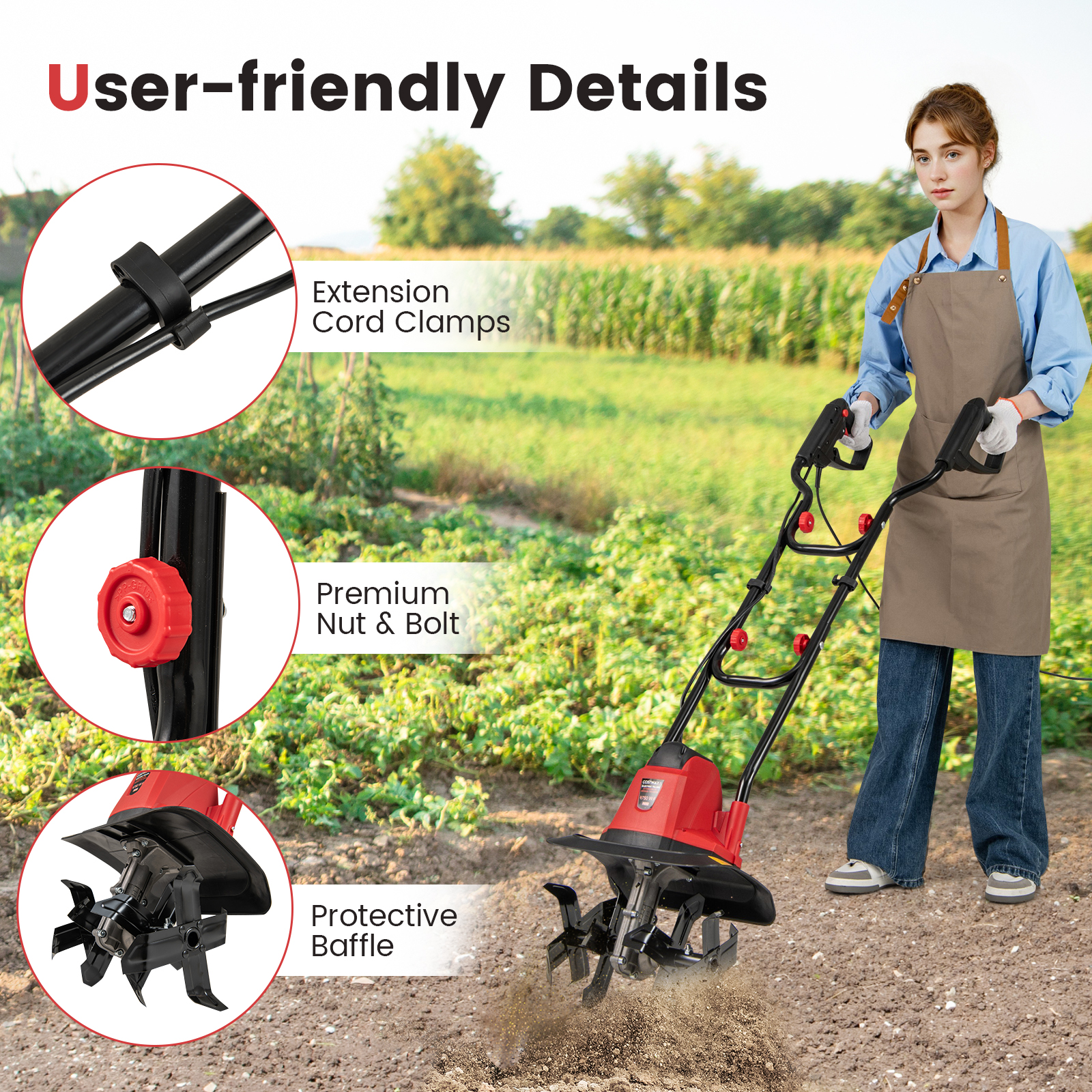 Motozappa Elettrica a Filo, Zappatrice da Giardino con Manico Ergonomico e Motore Forte, Motocoltivatore Pieghevole per Scavare Terreno del Prato (32, - 4