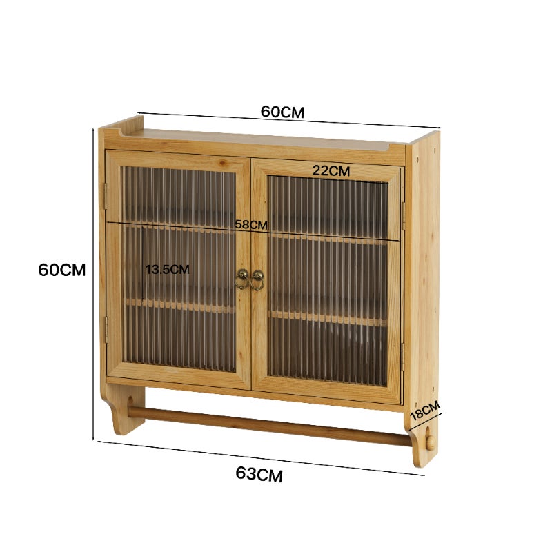 Armario empotrado vintage de madera con puertas acristaladas, 3 estantes y toallero, 63 cm, para baño, cocina y comedor - 7