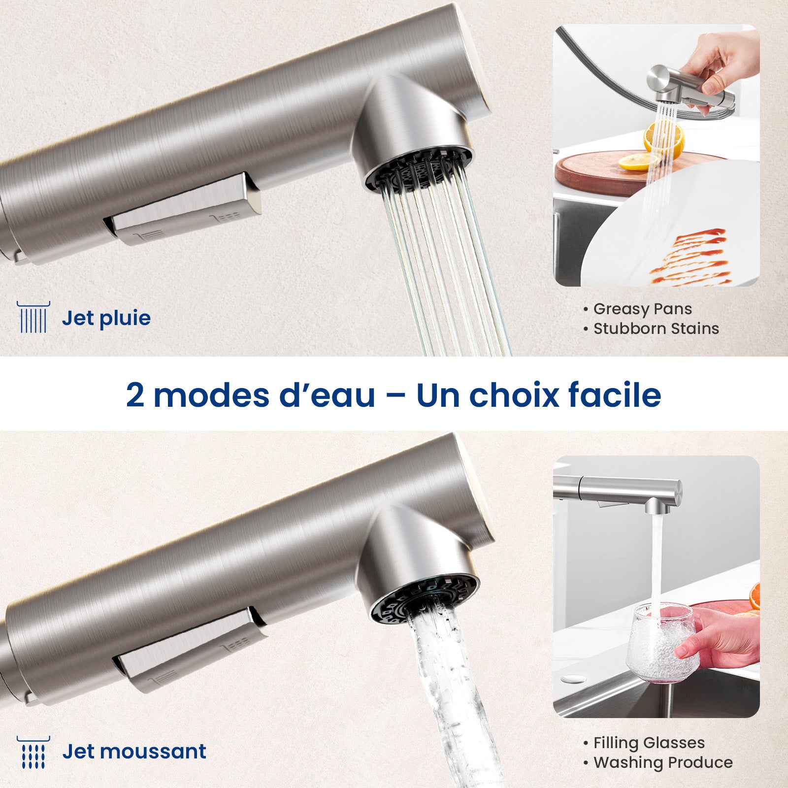 Brossé Robinet de Evier Avec 2 modes d'eau - Robinet de Cuisine avec Douchette Extractible - Mitigeur de Cuisine en Inox - 6