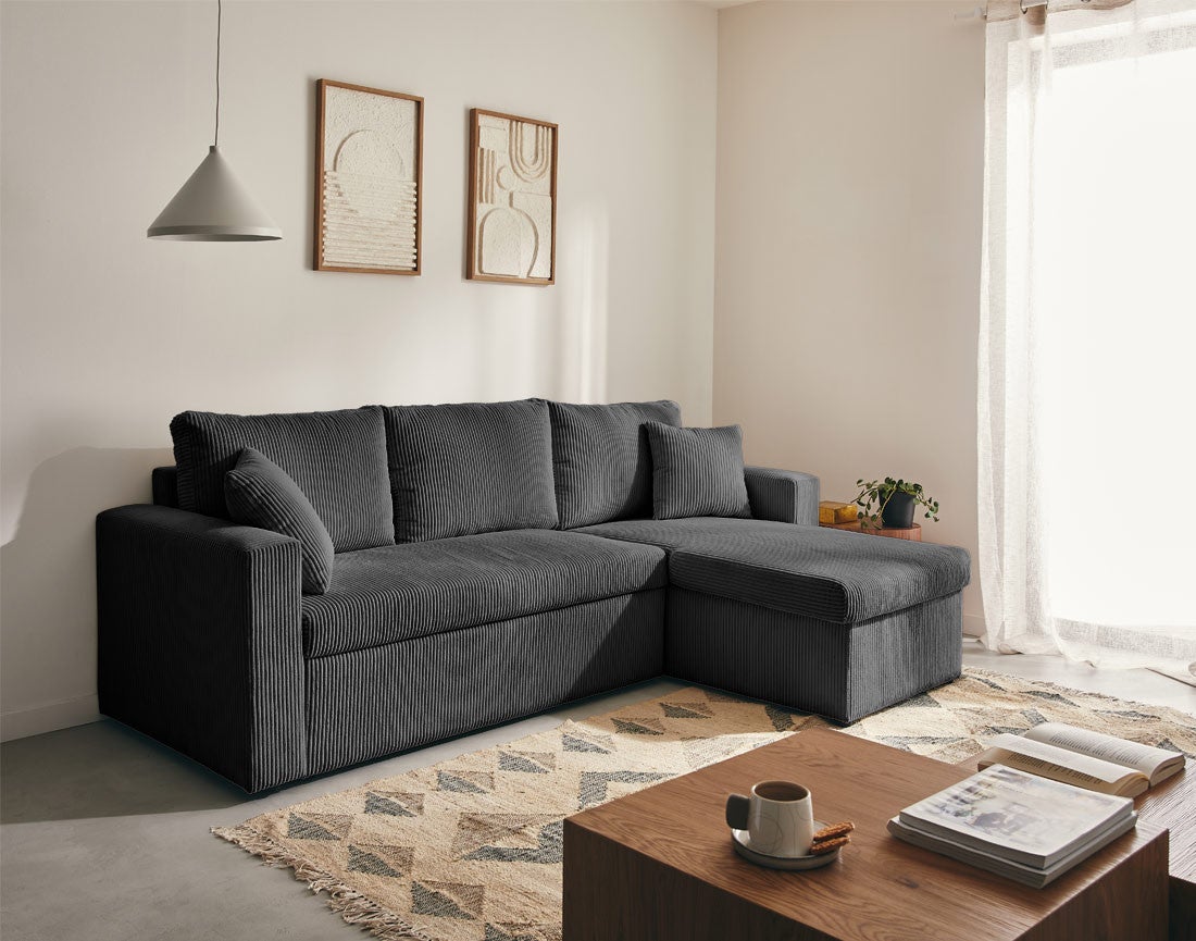 Canapé d'angle convertible 4 places en velours côtelé gris foncé - CYRUS - Best Mobilier - 4