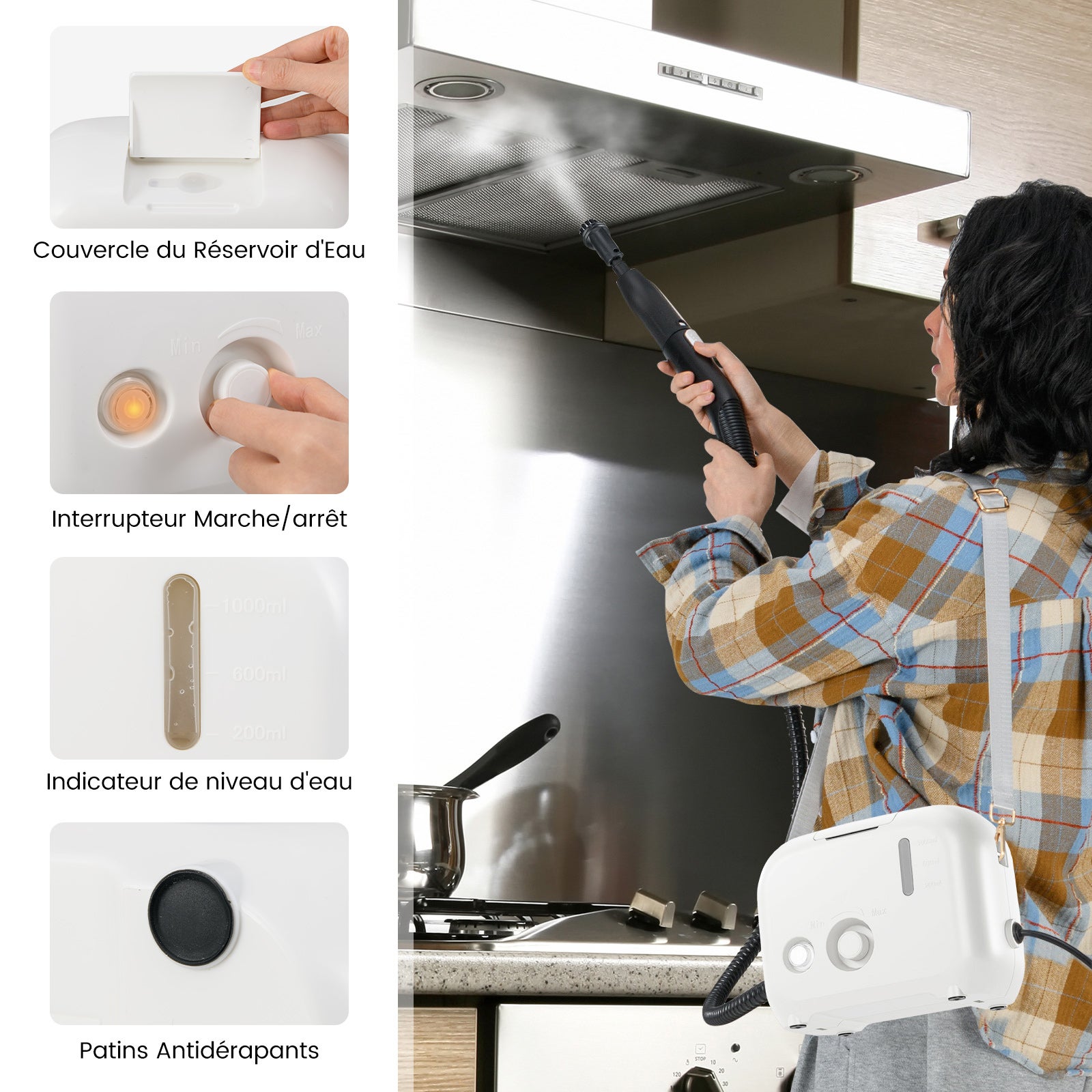 Myjka parowa 1500 W, ciśnienie pary: 3 bar, czas nagrzewania: 10 s, temperatura: do 180℃, zbiornik: 1000 ml (możliwość uzupełniania wody) (biała) - 4