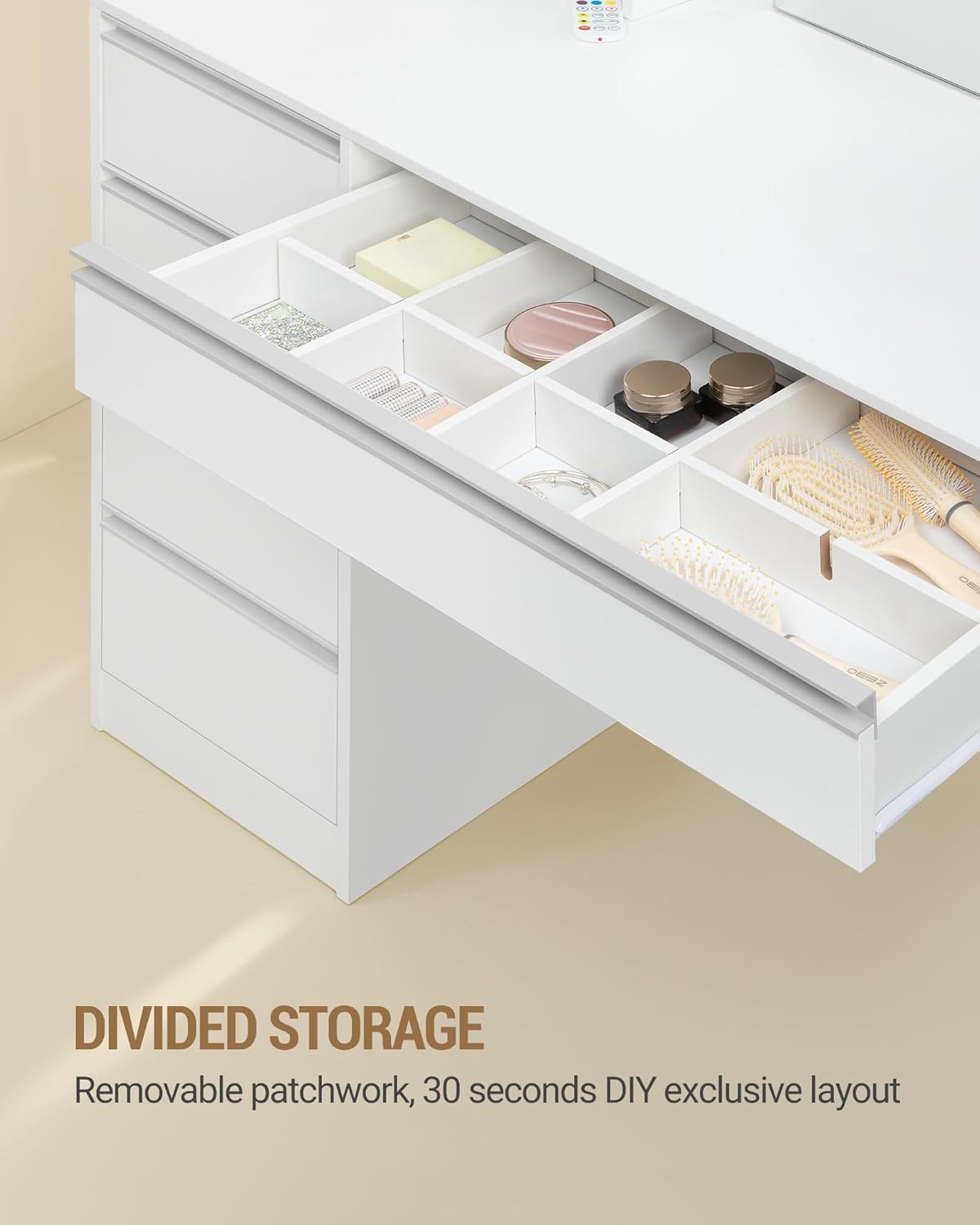 Coiffeuse avec 8 Tiroirs, Grand Miroir avec Éclairage RGB-LED, Rangement pour Bijoux Intégré, Bureau de 100 cm de Large, Blanc - 6
