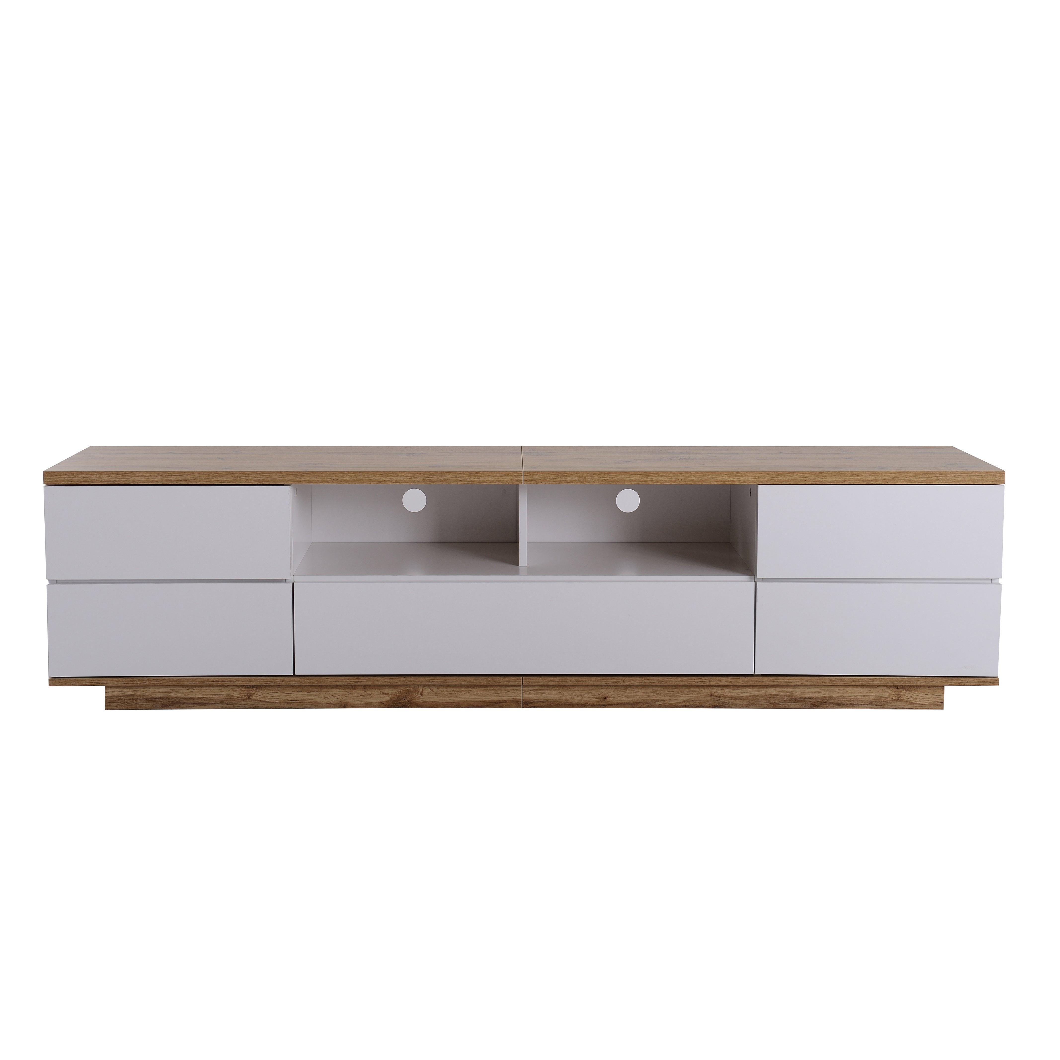 Meuble TV scandinave contemporain 180cm en bois - 5 portes + 8 compartiments - Naturel & Blanc - 5