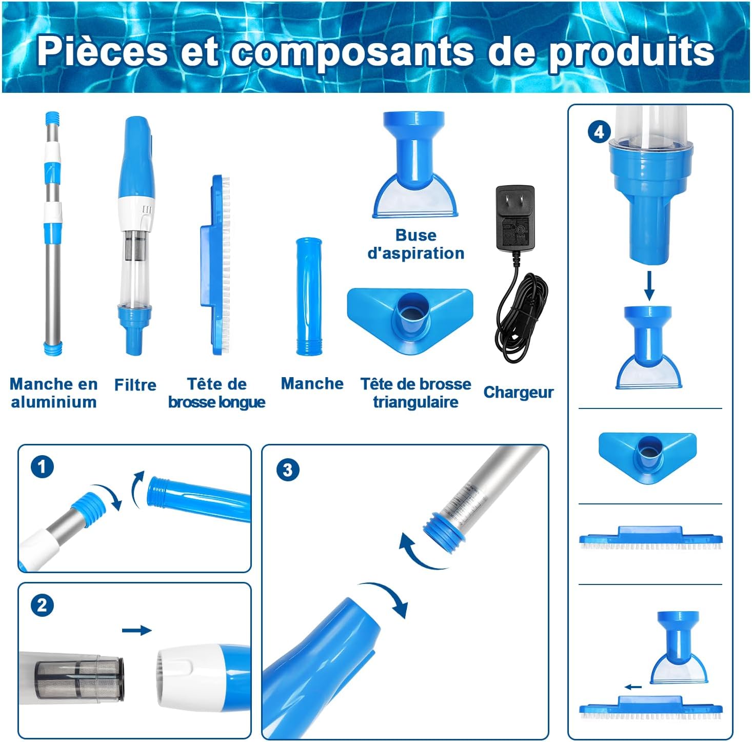 Aspirateur de piscine sans fil, nettoyeur électrique 3 en 1 avec batterie rechargeable pour petites piscines, jacuzzis et spas, bleu - 6