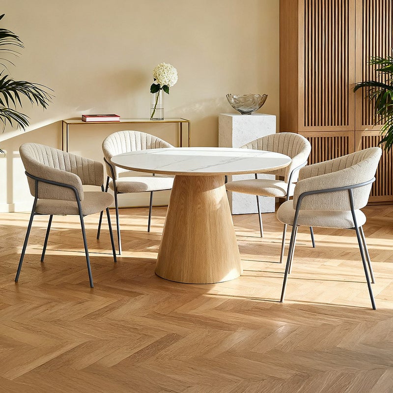 Okrągły stół do jadalni dla 4 osób z ceramiki i forniru jesionowego - Efekt białego marmuru i jasnego naturalnego drewna - ANTALIZA