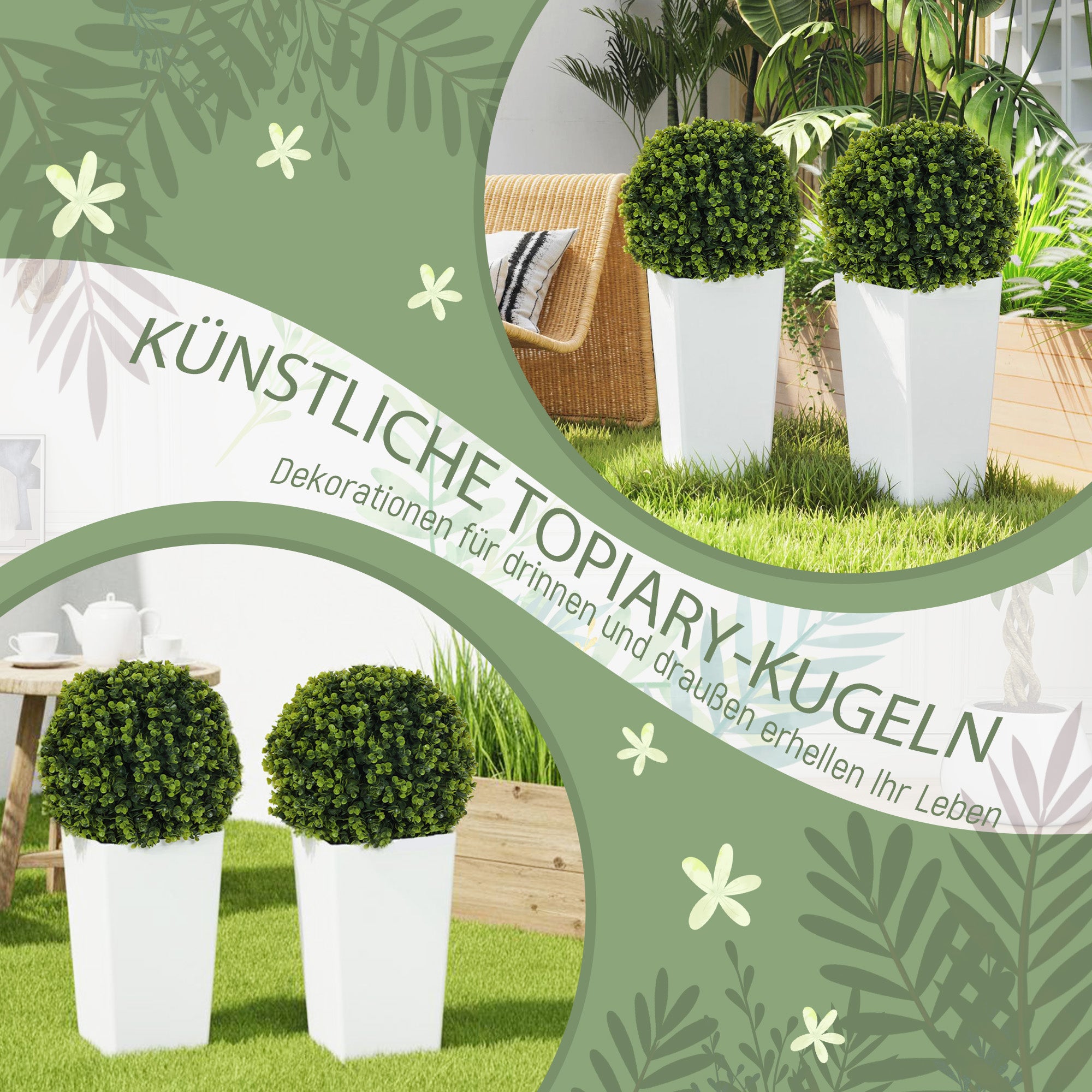 Lot de 2 boules d'eucalyptus artificielles, 65 cm de hauteur, avec protection UV. 330 feuilles par pot. Vert. - 4