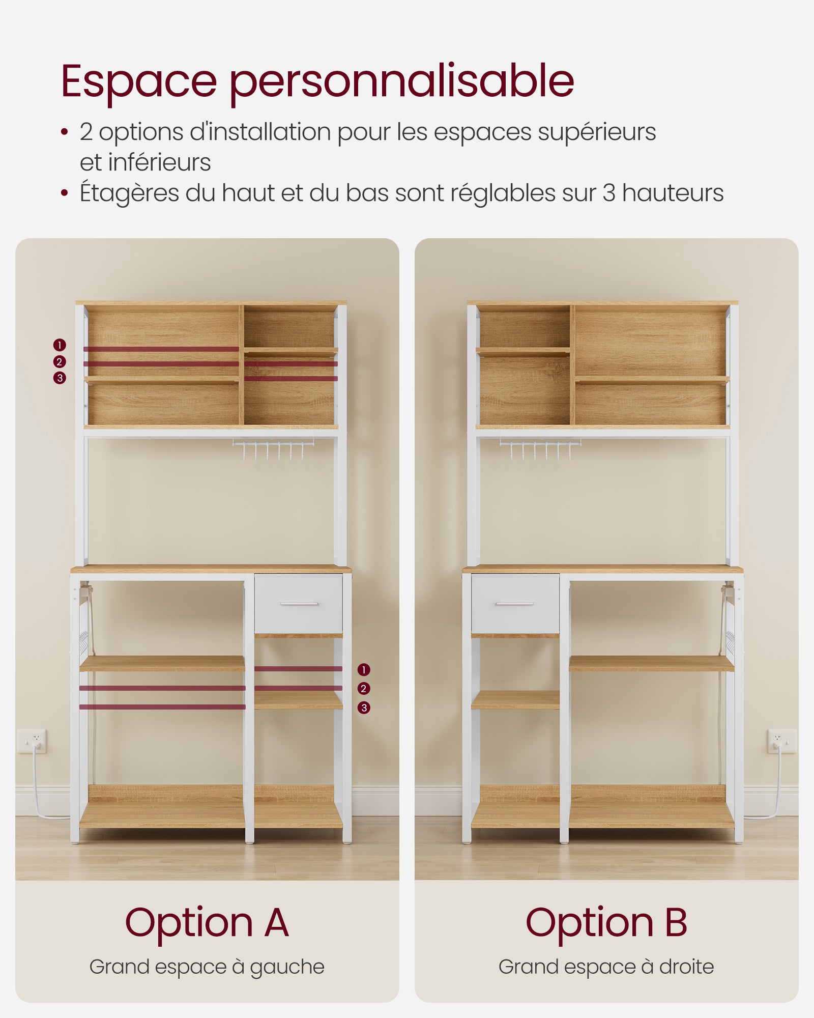 Étagère de Cuisine avec Multiprise, Bar à Café avec Étagères Réglables, 40 x 80 x 180,4 cm,Blanc - 5