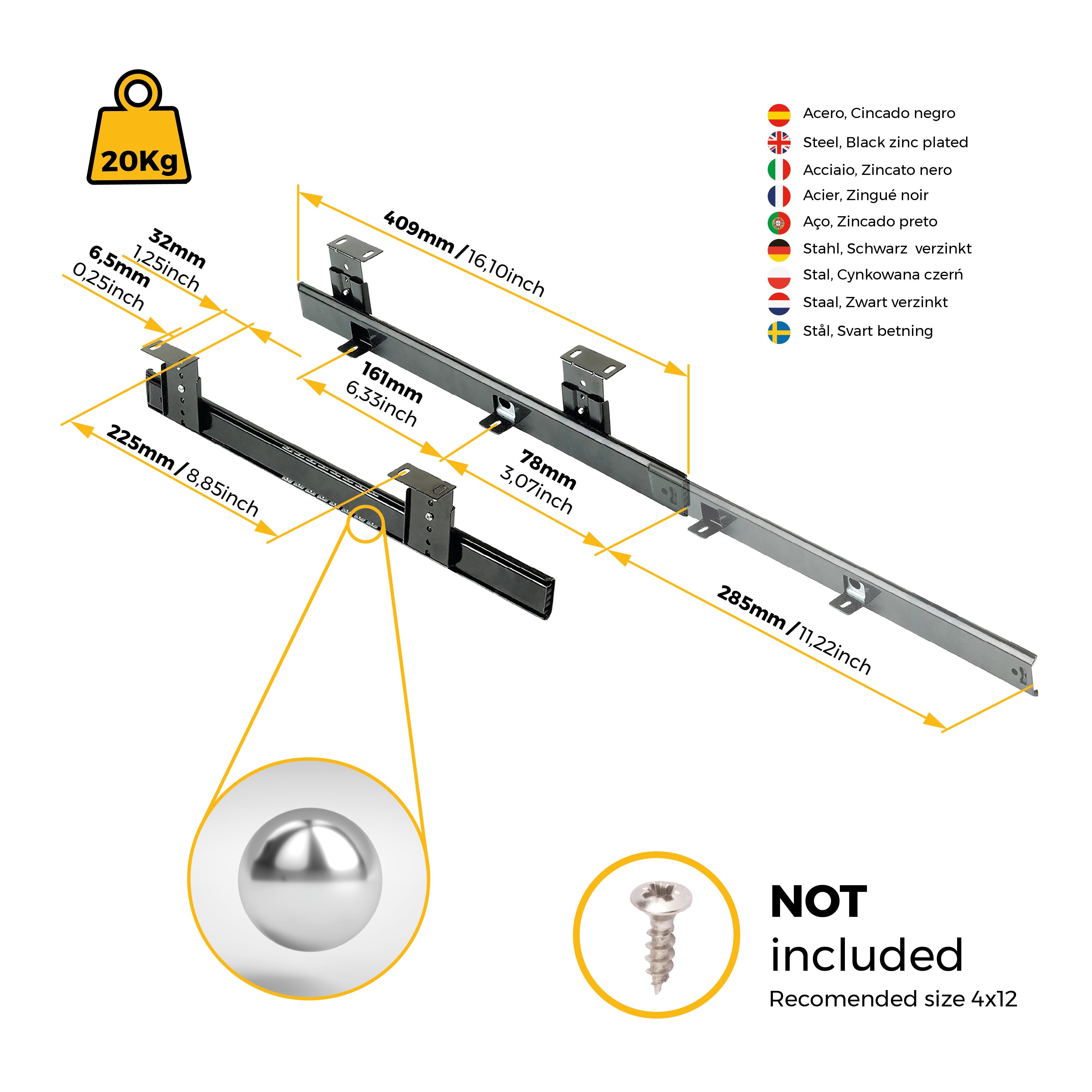 Emuca conjunto de corrediças porta-teclados com rolamentos de esferas em aço, Aço, Zincado preto - 2