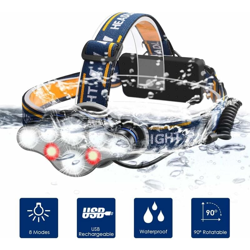 Czołówka LED, 8 trybów Czołówka USB Akumulatorowa Latarka 12000 Lumenów, Wodoodporność IPX4, Czołówka Latarka z Kablem USB
