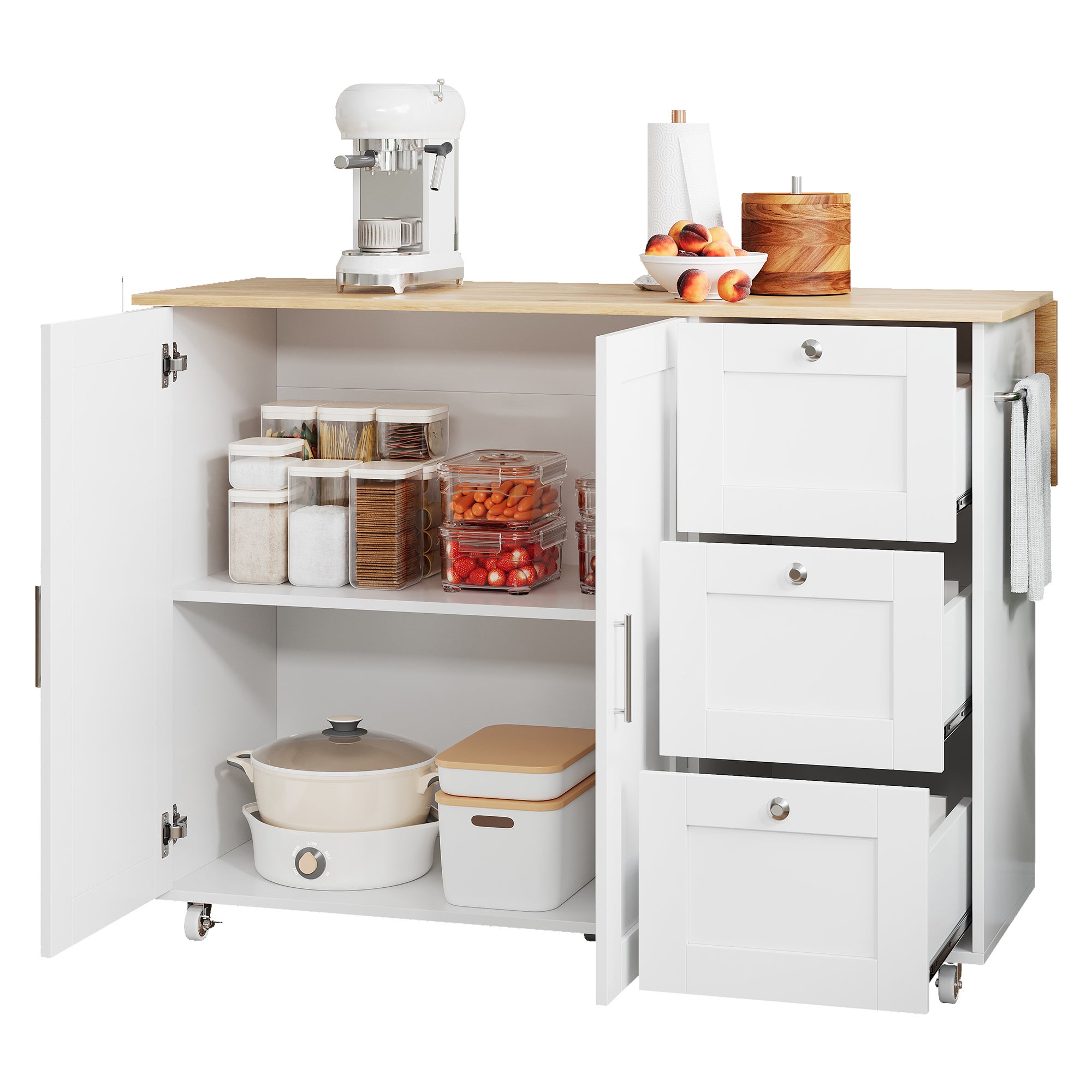 Ilot central de cuisine - avec comptoir pliant - 3 tiroirs et étagères réglables - Blanc - 2
