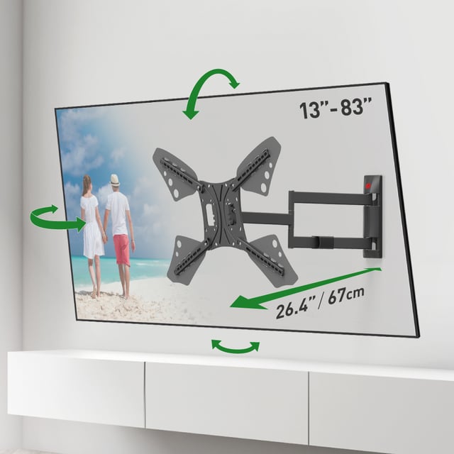 Barkan Longueur 67cm Support TV Mural pour écrans 13 - 83 Pouces, Inclinable et orientable, Mouvement Complet, Poids max. 50Kg, extra extensible, pour