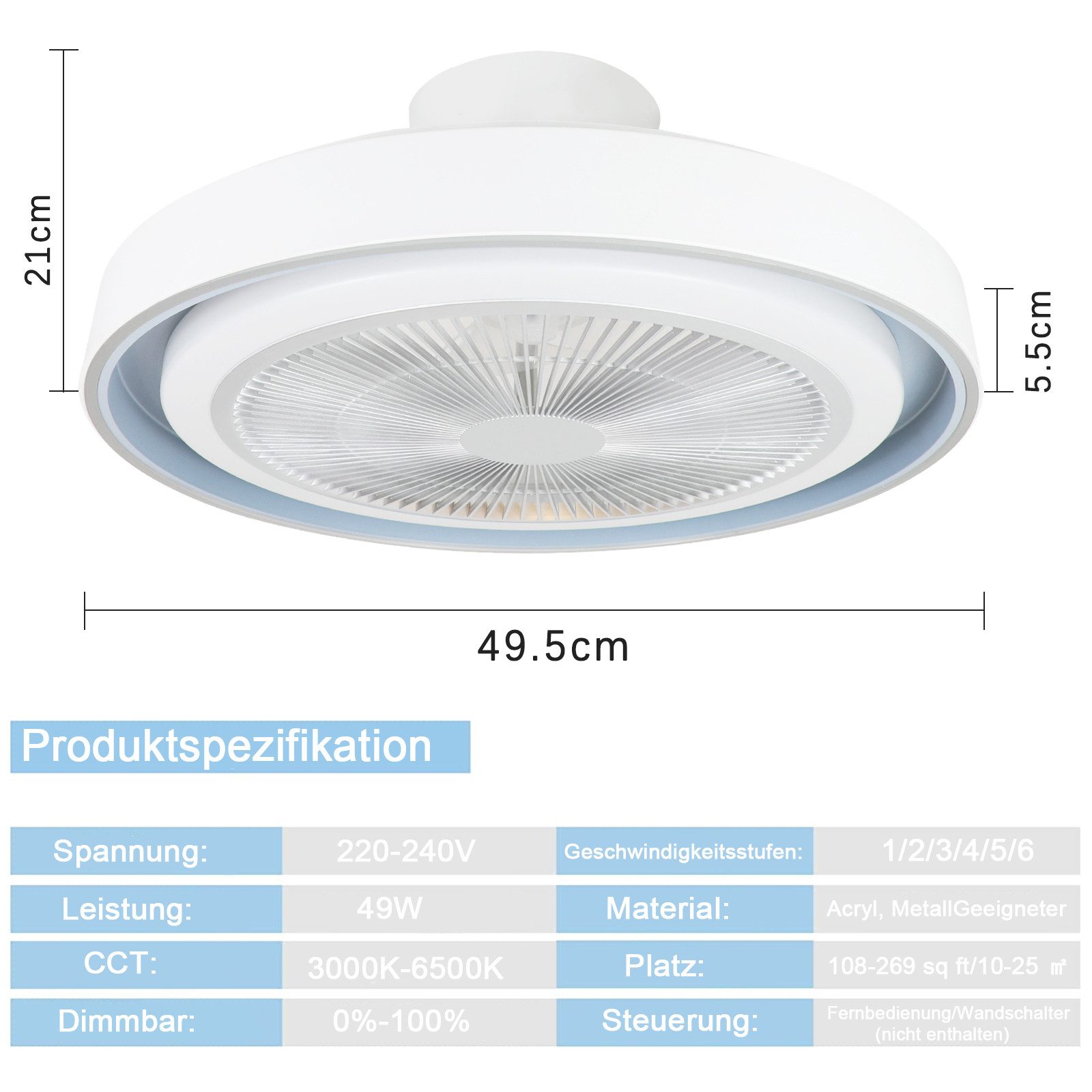 NETTLIFE Lampowentylator LED 5 Łopatek Cichy Ściemnialny z Pilotem Nowoczesna Lampa Sufitowa z Wentylatorem do Salonu Sypialni Kuchni - 8