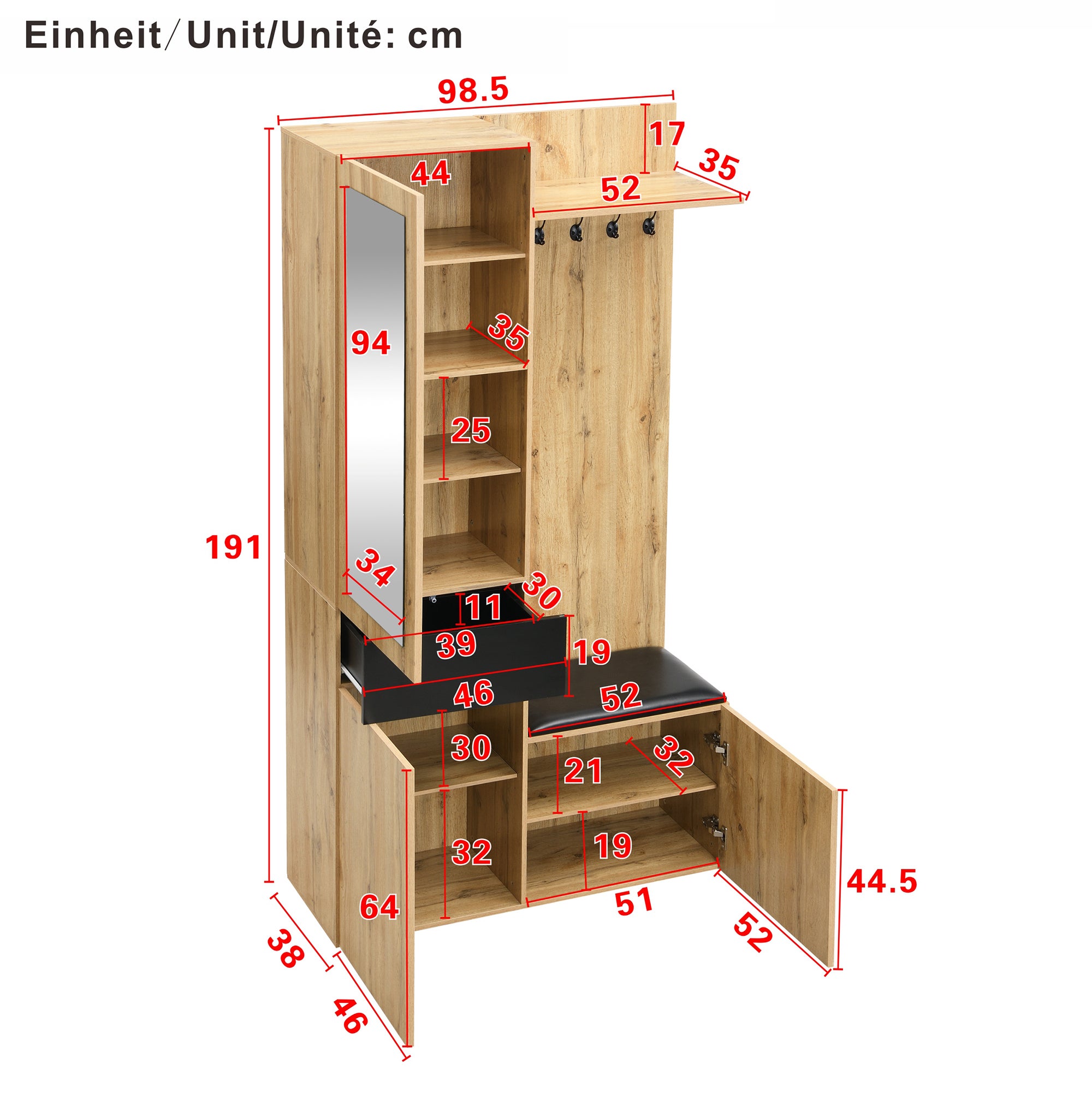 Ensemble de garde-robe avec 5 patères, miroir, meuble à chaussures, armoire intégrée avec étagères supérieures, tiroirs, compartiments de rangement - 4