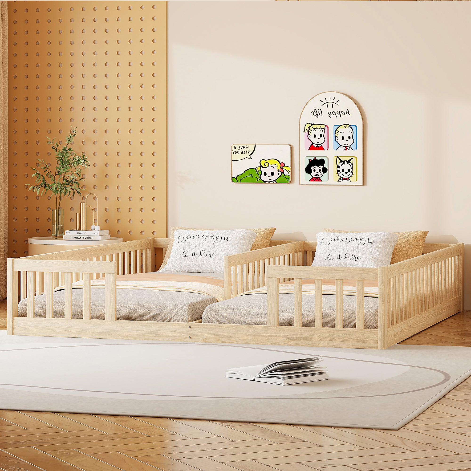 Montessori Lit de sol 90 x 200 cm avec barrières de sécurit, lit d'enfant 2 place, lit en bois avec sommier à lattes, Naturel (sans matelas) - 4