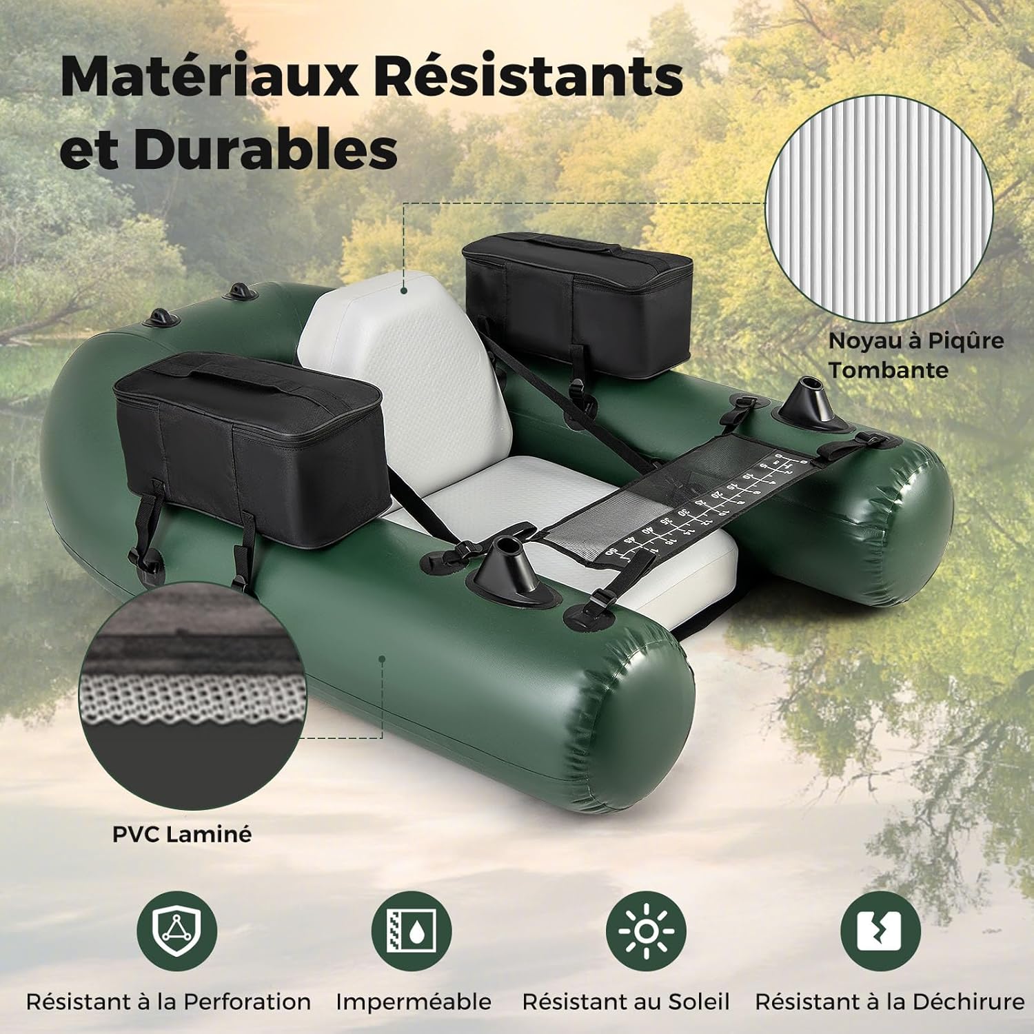 Bateau de Pêche Gonflable avec 3 Chambres à Air, Bateau Gonflable avec Règle à Poisson 2 Poches de Rangement Pompe, Charge 100 KG, Camouflage - 6