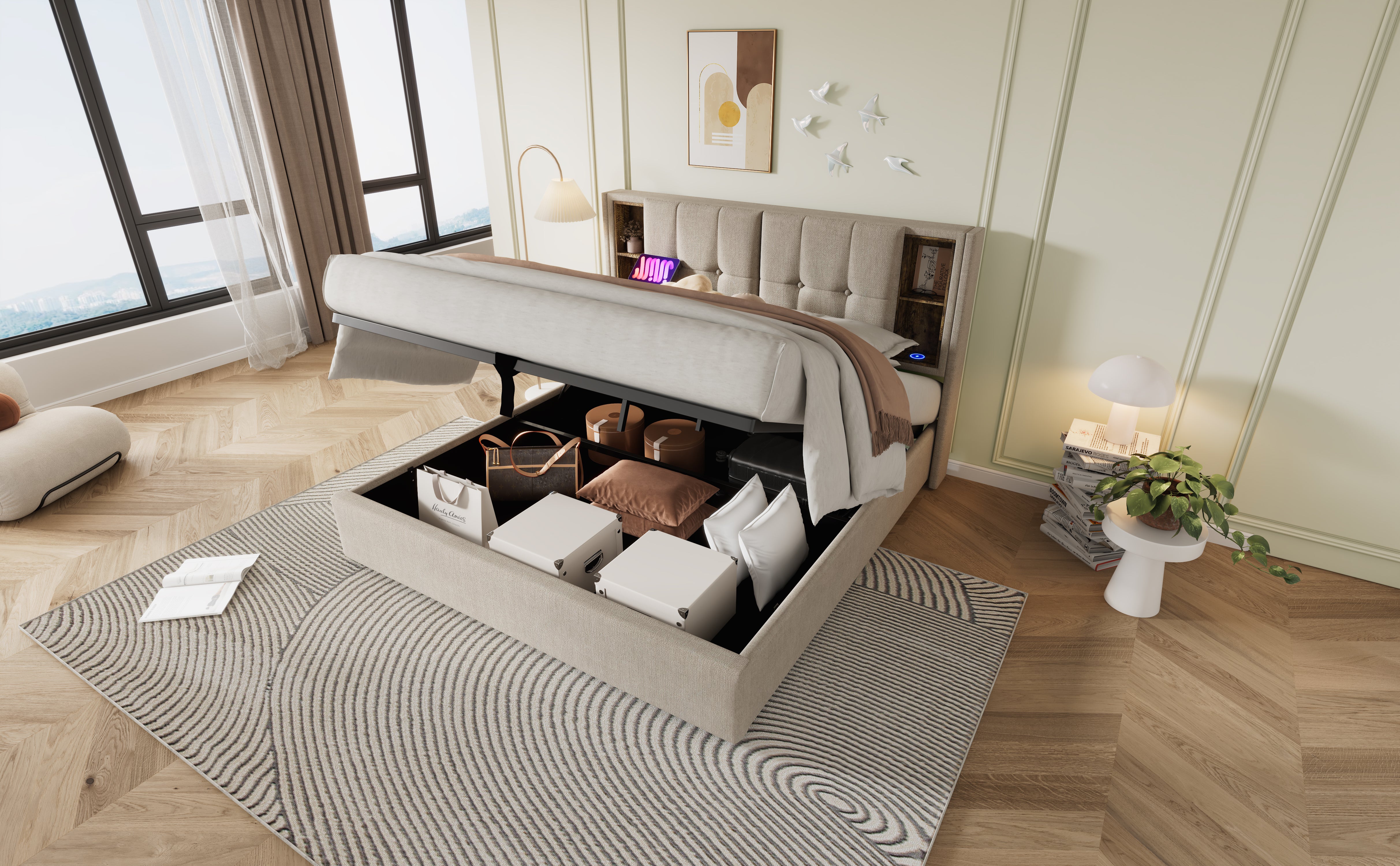 Lit coffre lit double 160x200 cm avec chargement USB - lin, coloris naturel (sans matelas) - 3