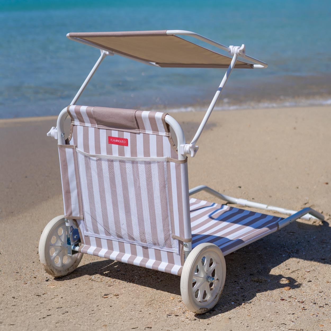 Flamingueo Chaise De Plage Transat Pliable Avec Parasol Polyester Beige - 5
