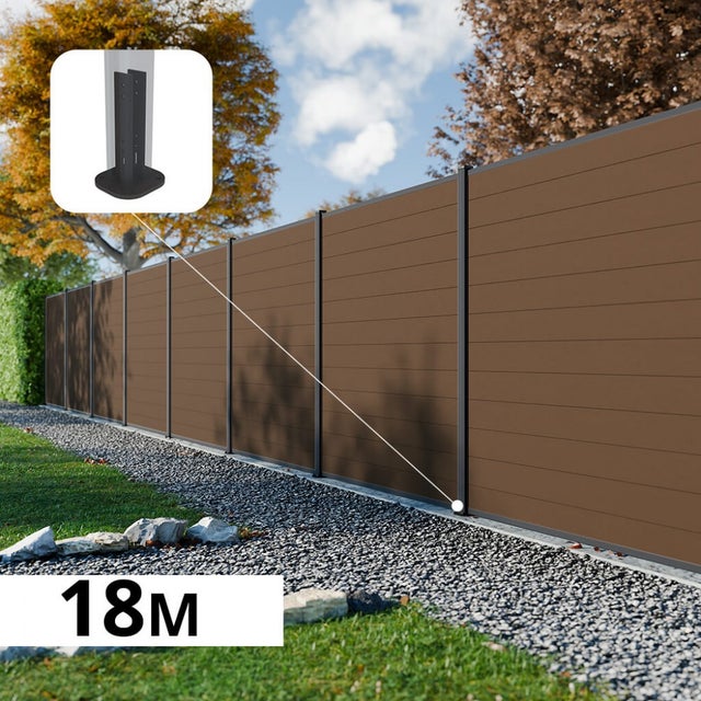 Kit Clôture Composite RIO Bronze 18x1,8m - Bois composite & Aluminium - Poteaux sur Platines Gris - Brise vue