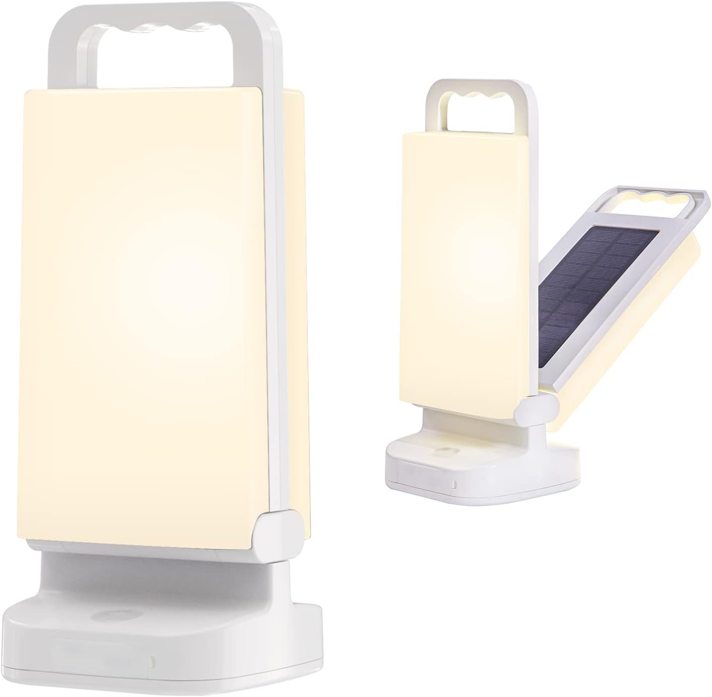 Biała lampa solarna, 10,4 x 10,4 x 25,4 cm, akumulatorowa, przenośna, regulowana jasność, idealna na kemping, wędkowanie i piesze wędrówki.