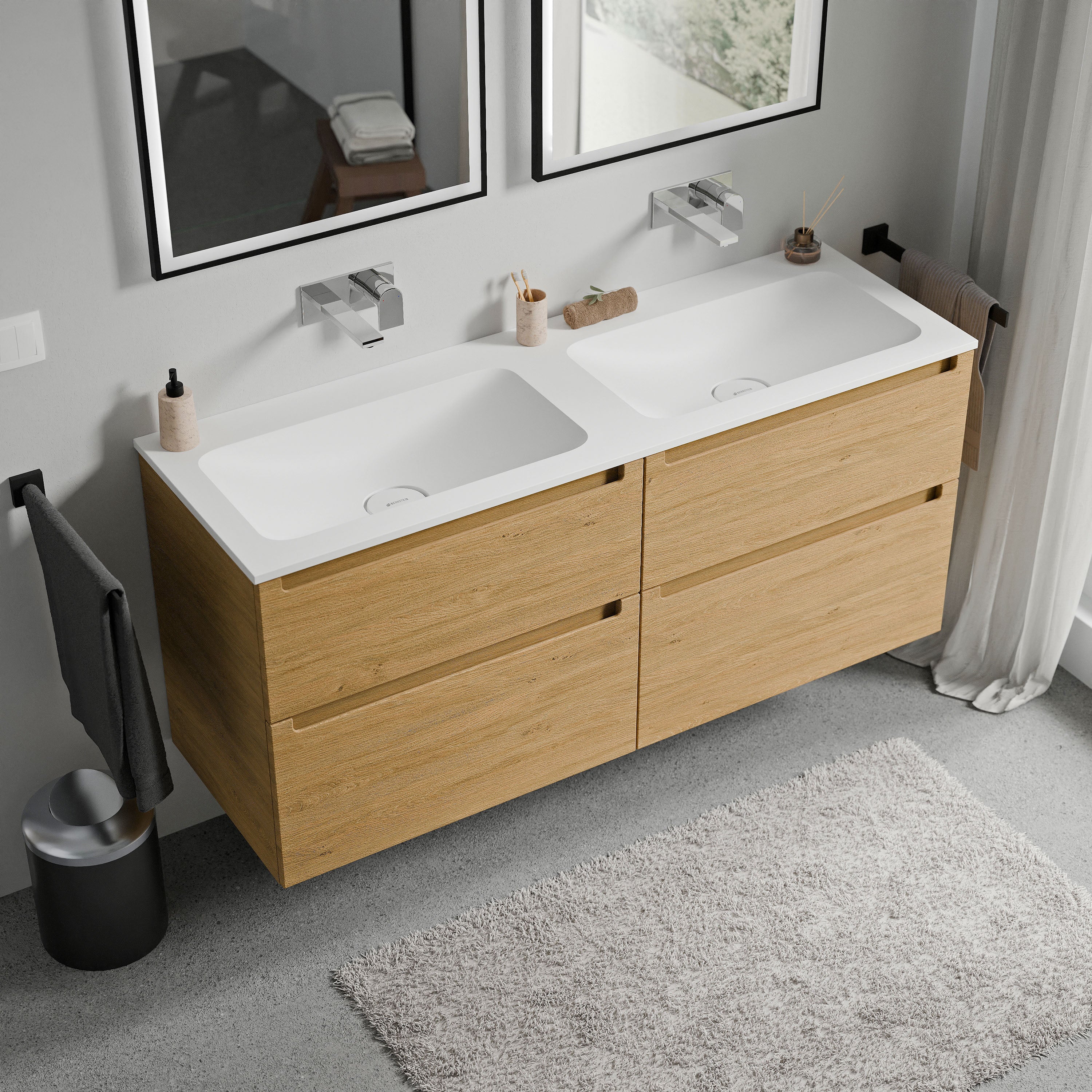 BERNSTEIN - Meuble double vasque suspendu MDF Chêne miel, lavabos fonte Blanc mat sans trou robinet, tiroirs pivotants - 120x46x62cm - VIREO - 2