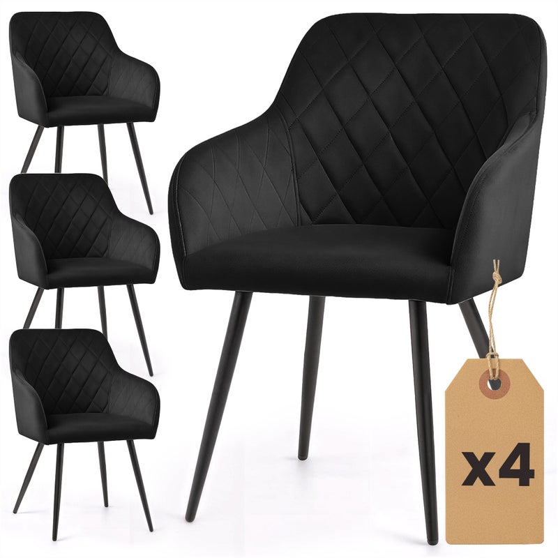 4x Welurowe krzesło tapicerowane pikowane w romby Czarne VELTO Czarne nogi