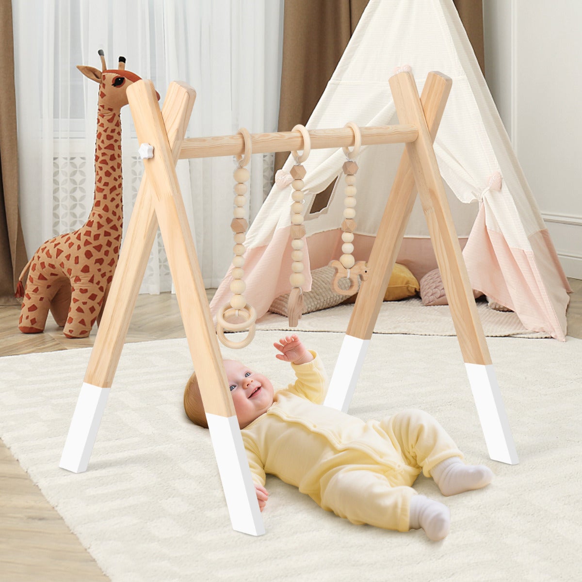 Portique D’éveil Bois Pour Bébé – Gymnase D’activités Pliable Avec Jouets à Saisir, Dès 0 Mois