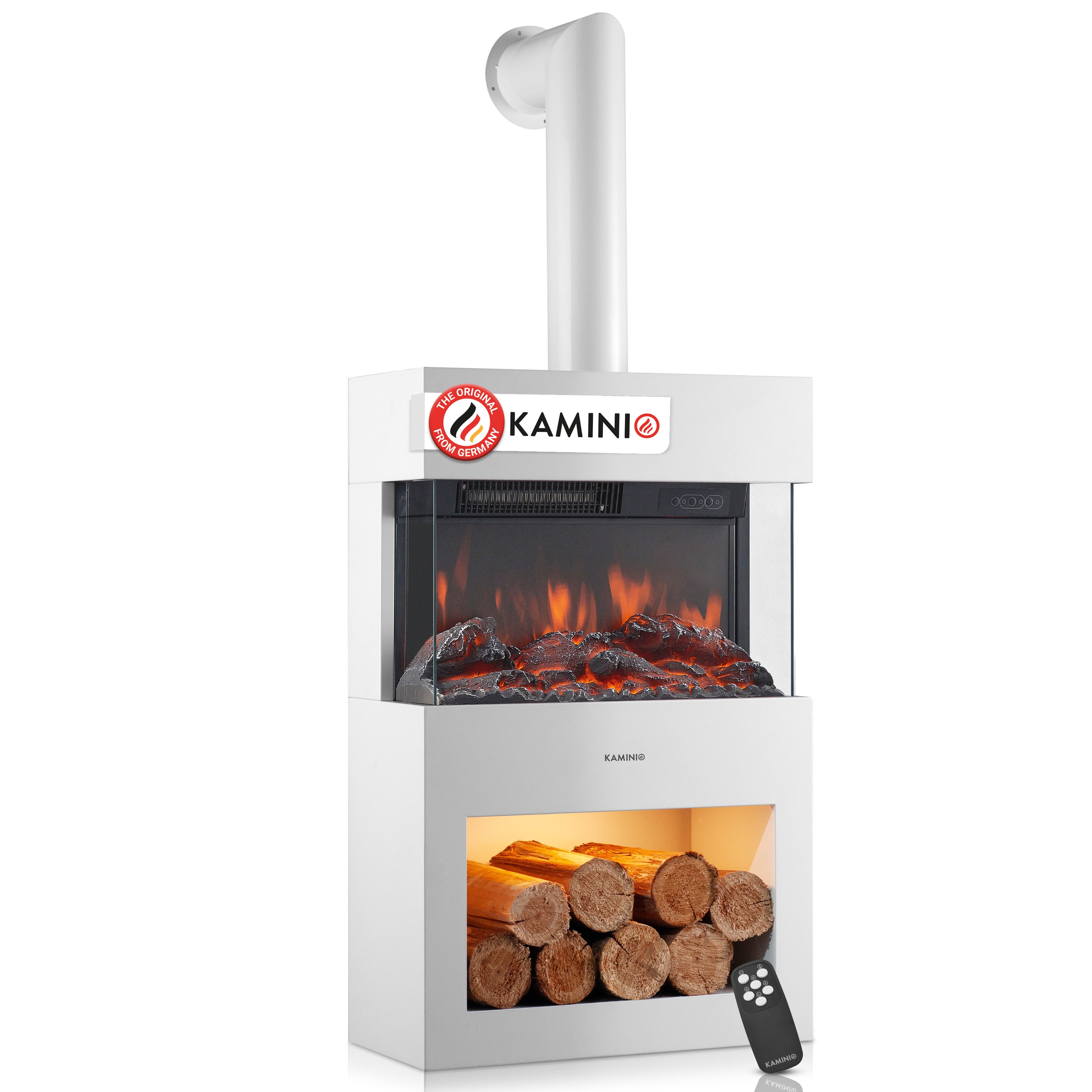 KAMINIO Kominek elektryczny HENRI z rurą kominową – piec kominkowy, ogrzewanie, płomień 3D, oświetlenie nastrojowe, schowek na drewno, pilot – Biały