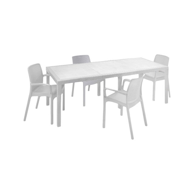 Set salotto da esterno Arret, Ripiano allungabile da esterno con 4 sedie, Tavolo e sedute da giardino effetto rattan, 100% Made in Italy, Bianco