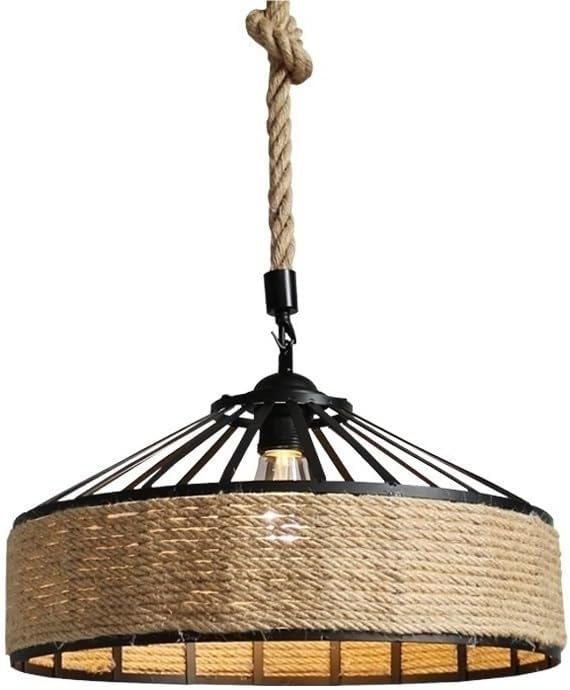 Suspension country en corde de chanvre et métal noir. Style rétro pour couloir et salon. Culot E27, 220V. Sans ampoule.