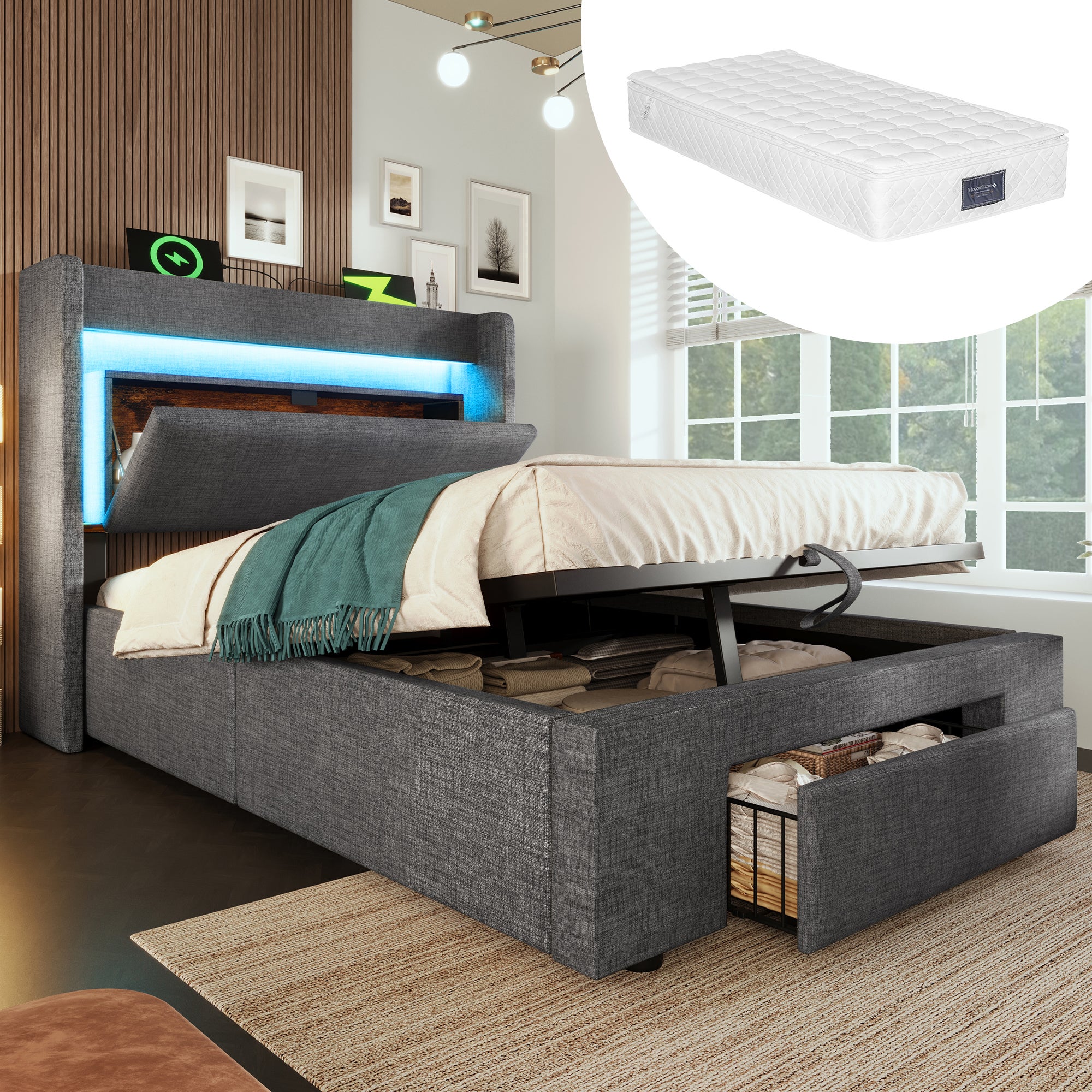 Łóżko z pojemnikiem na pościel 90 x 200 cm, zagłówkiem i 1 szufladą – tkanina lniana – diody LED oraz porty USB i typu C – szare (materac w zestawie)