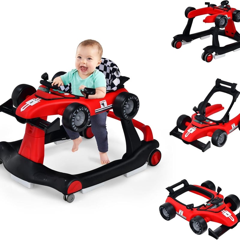 4 w 1 chodzik dla dziecka, składany chodzik dla dziecka z regulacją wysokości i prędkości, chodzik w kształcie samochodu z pozytywką, (czerwony)