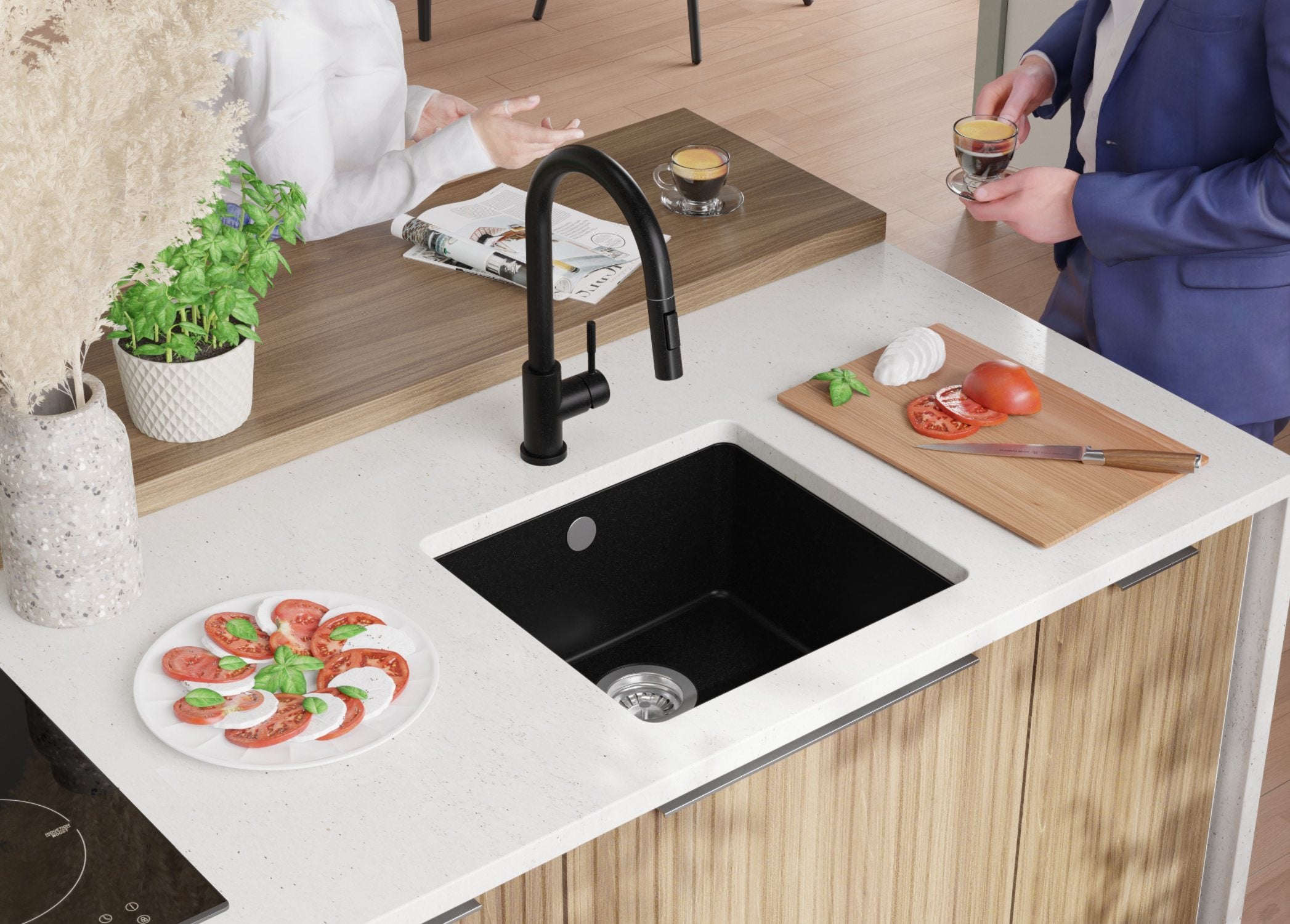 Lavandino sottotop Tutto Nero 46x44cm, Lavello in Granito a 1 vasca + Sifone Classico + Accessori, Lavabo da Cucina al mobile 50cm PRIMAGRAN - 4