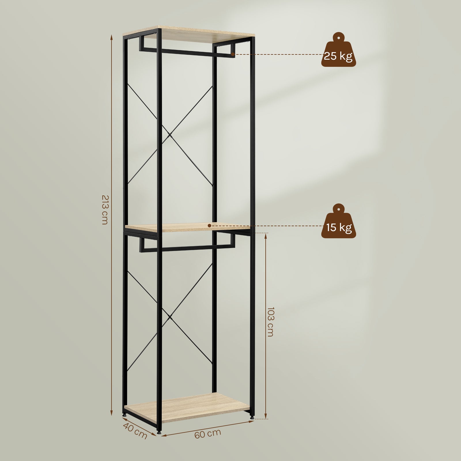 WOLTU Porte-manteaux sur pieds en bois et acier, Noir + chêne clair, 60x40x213 cm - 4