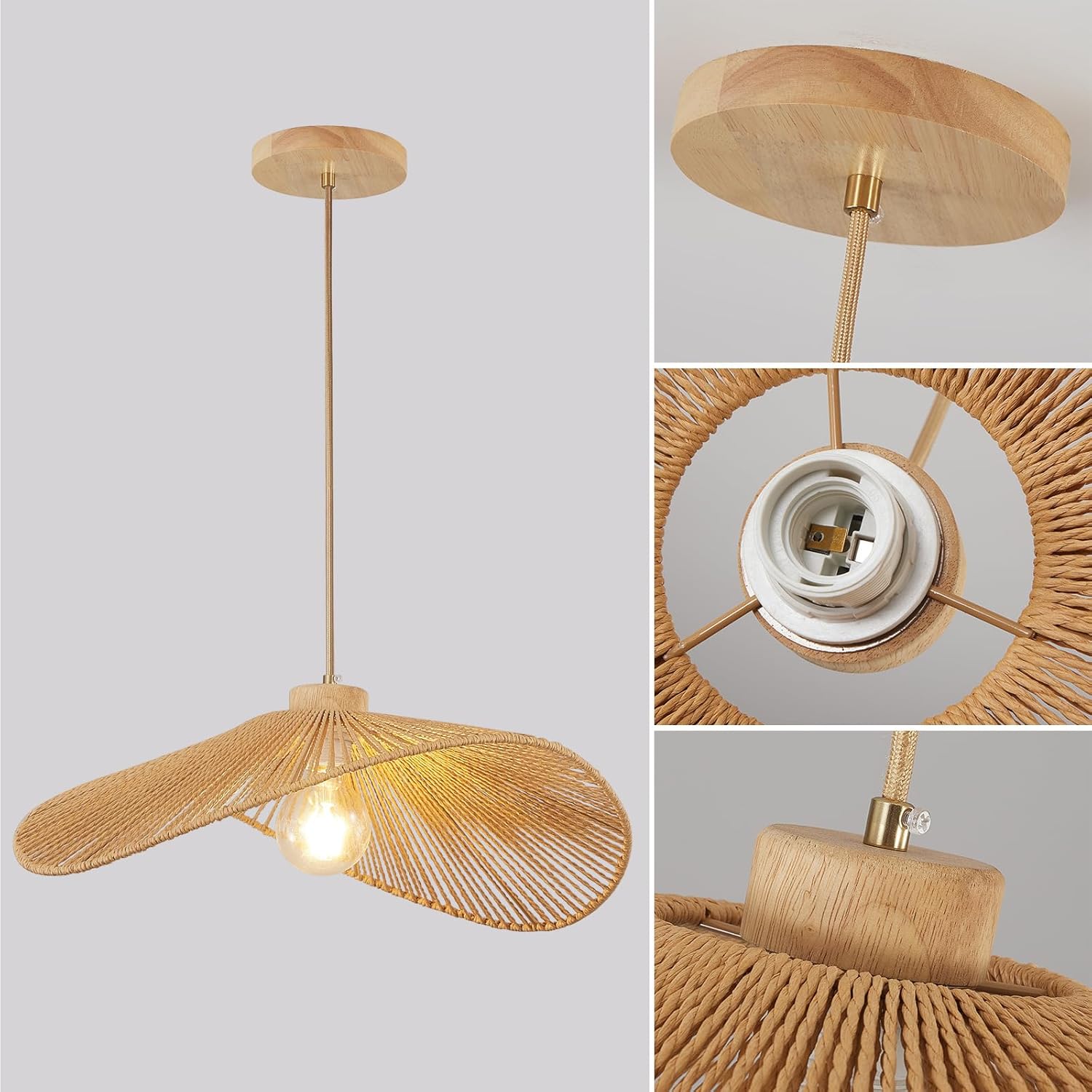BEAFACE Deux suspensions LED en rotin tressé - 3000K, luminaires décoratifs de style vintage, adaptés à la salle à manger, au salon et à la chambre. - 3