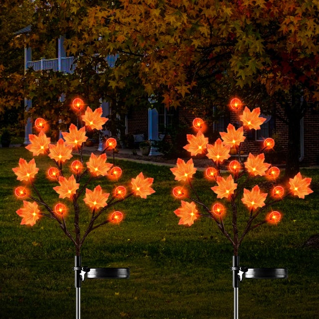 Lampes solaires de jardin, lot de 2 lumières d'arbre à feuille d'érable rouge, lumières solaires de jardin, décoration d'halloween de Thanksgiving