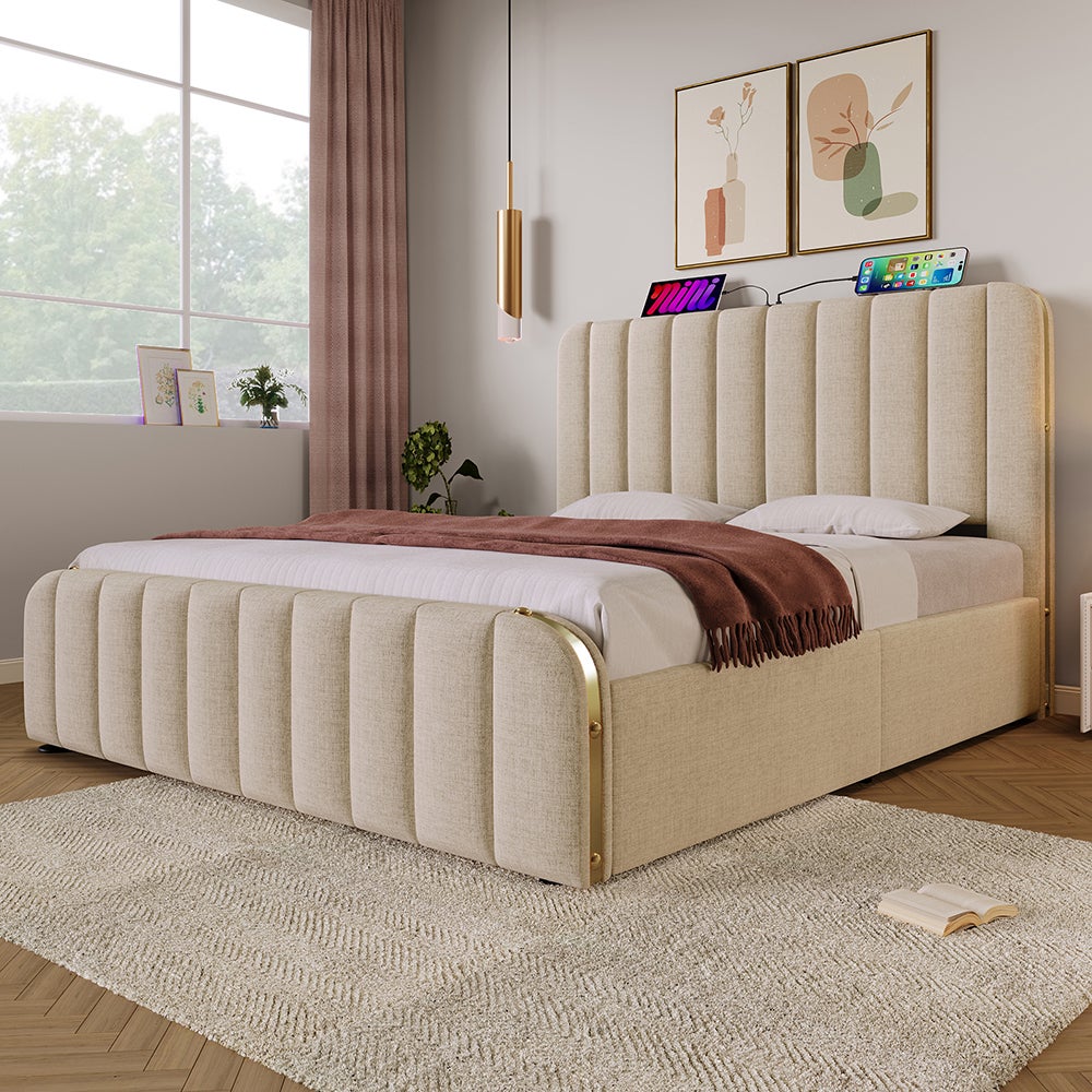 Lit coffre Lit rembourré Double tête de lit rembourrée fonction de chargement USB Type-C Lit 160x200 cm Beige - 7
