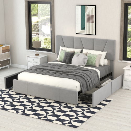 KOMHTOM Letto Matrimoniale Imbottito Con Testiera E Porte USB – Telaio Con Doghe In Legno, Rivestimento In Lino Grigio (90x200 Cm, Senza Materasso)