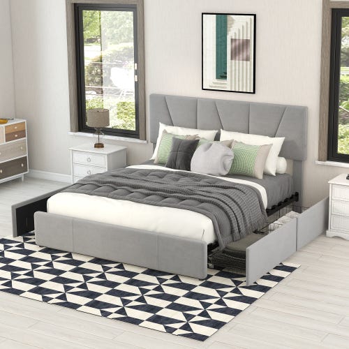 KOMHTOM Letto Matrimoniale Imbottito Con Testiera E Porte USB – Telaio Con Doghe In Legno, Rivestimento In Lino Grigio (90x200 Cm, Senza Materasso)