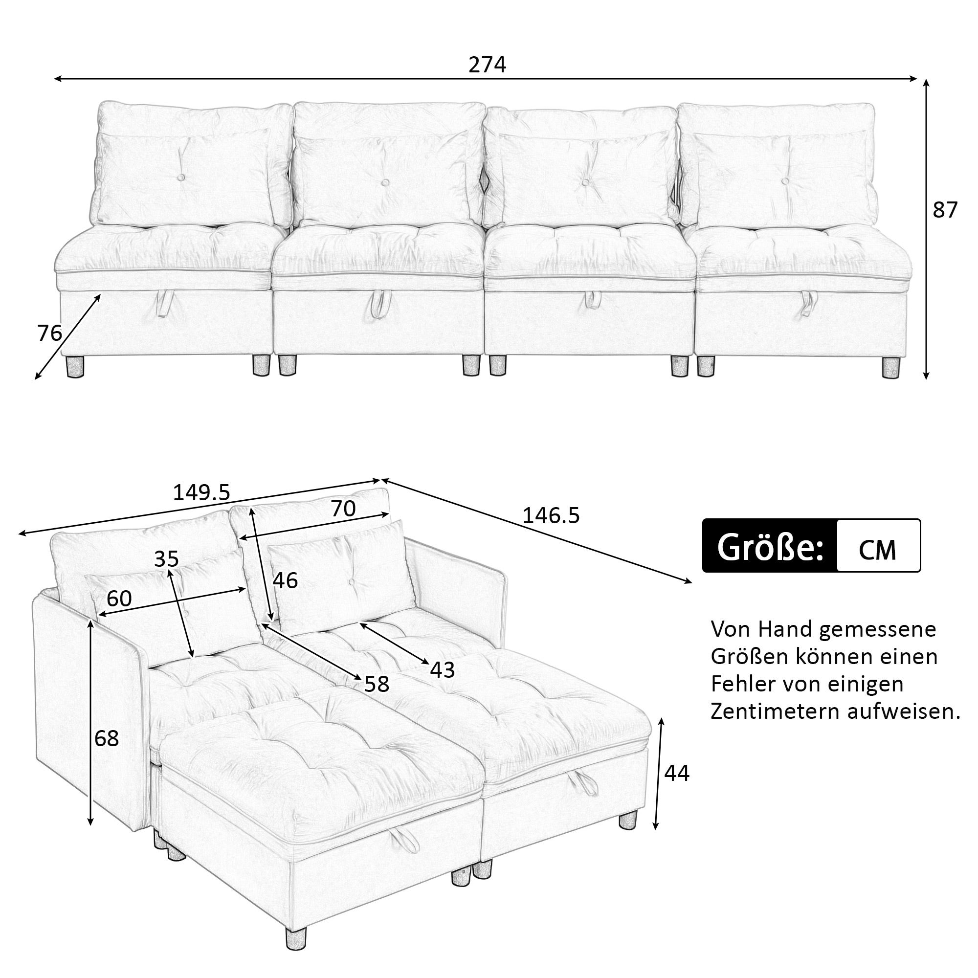 Modułowa sofa 4-osobowa + schowek + tapicerka szenilowa - z funkcją spania - Szara - 9