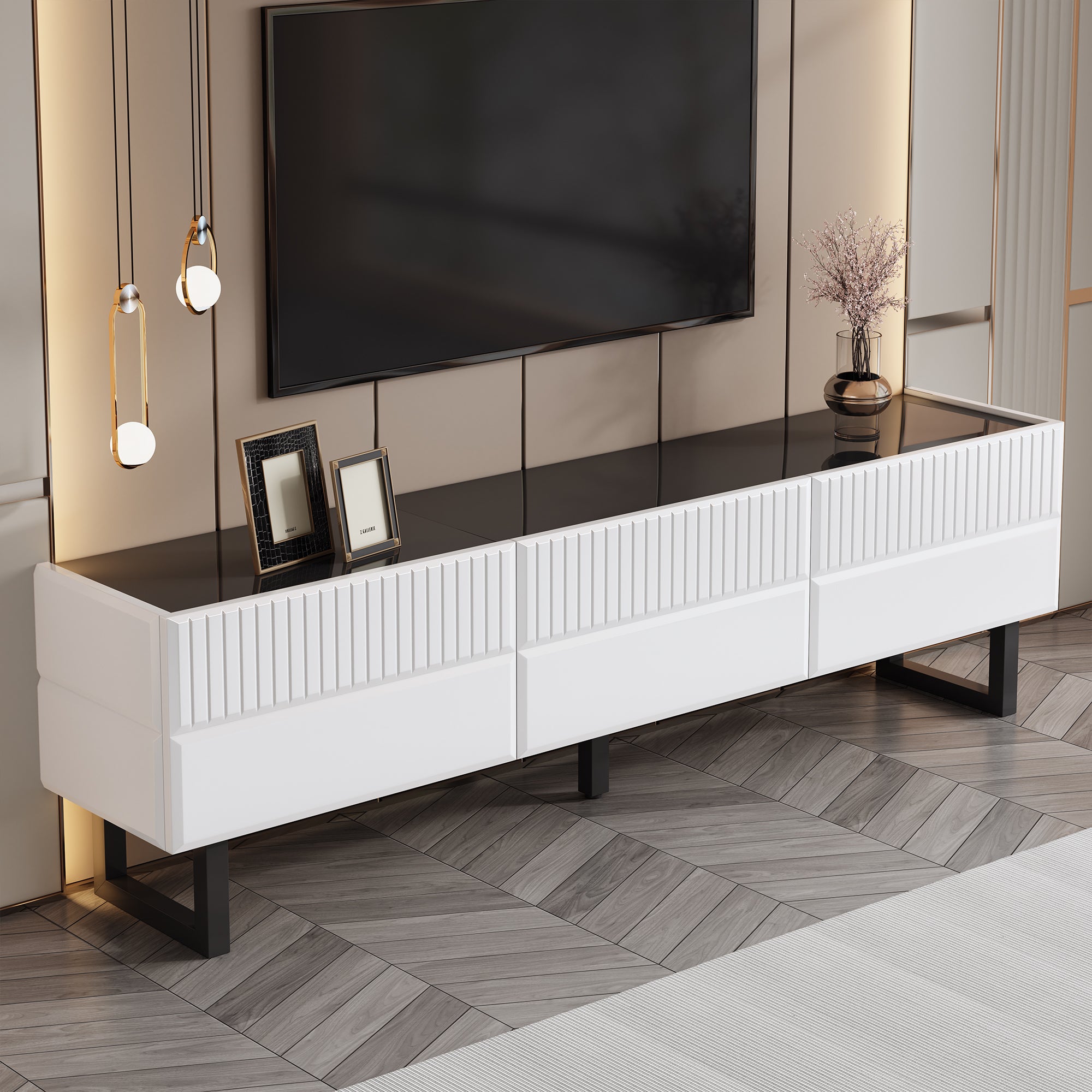 Meble pod TV 170x35x47cm - z 3 szufladami - Błyszczący lakierowany blat - Żelazne nogi - MDF - Biały i czarny - 2