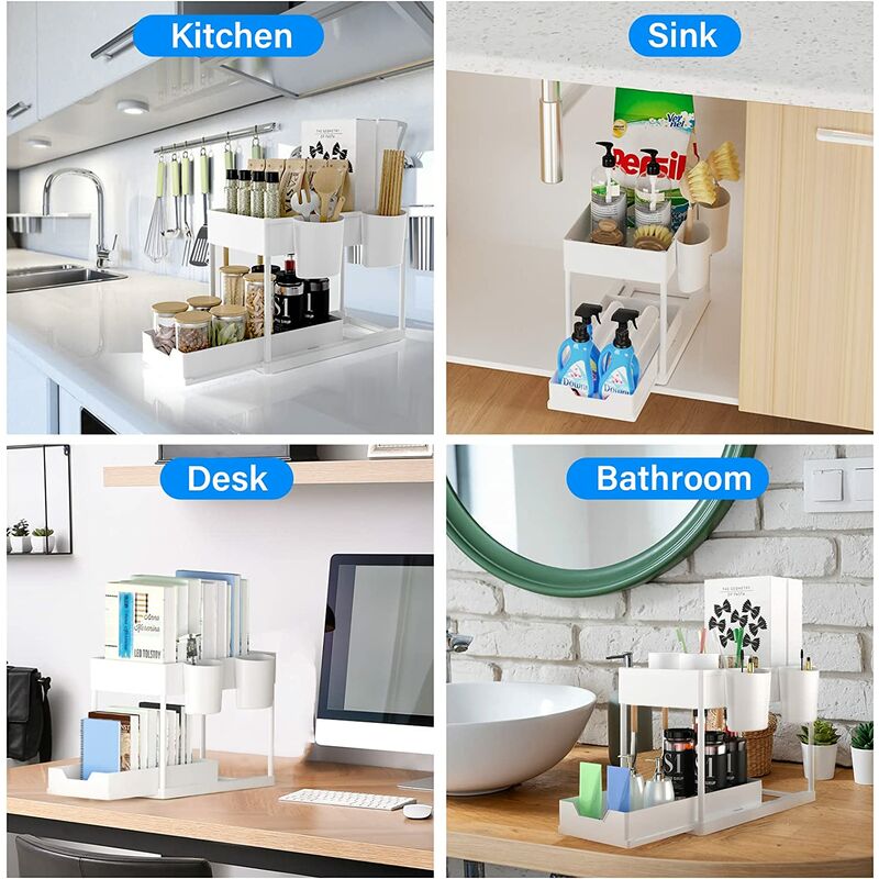 Organisateur d'étagère sous l'évier, support de rangement de cuisine à 2 niveaux, organisateur de comptoir de salle de bain pour cuisine (blanc) - 4